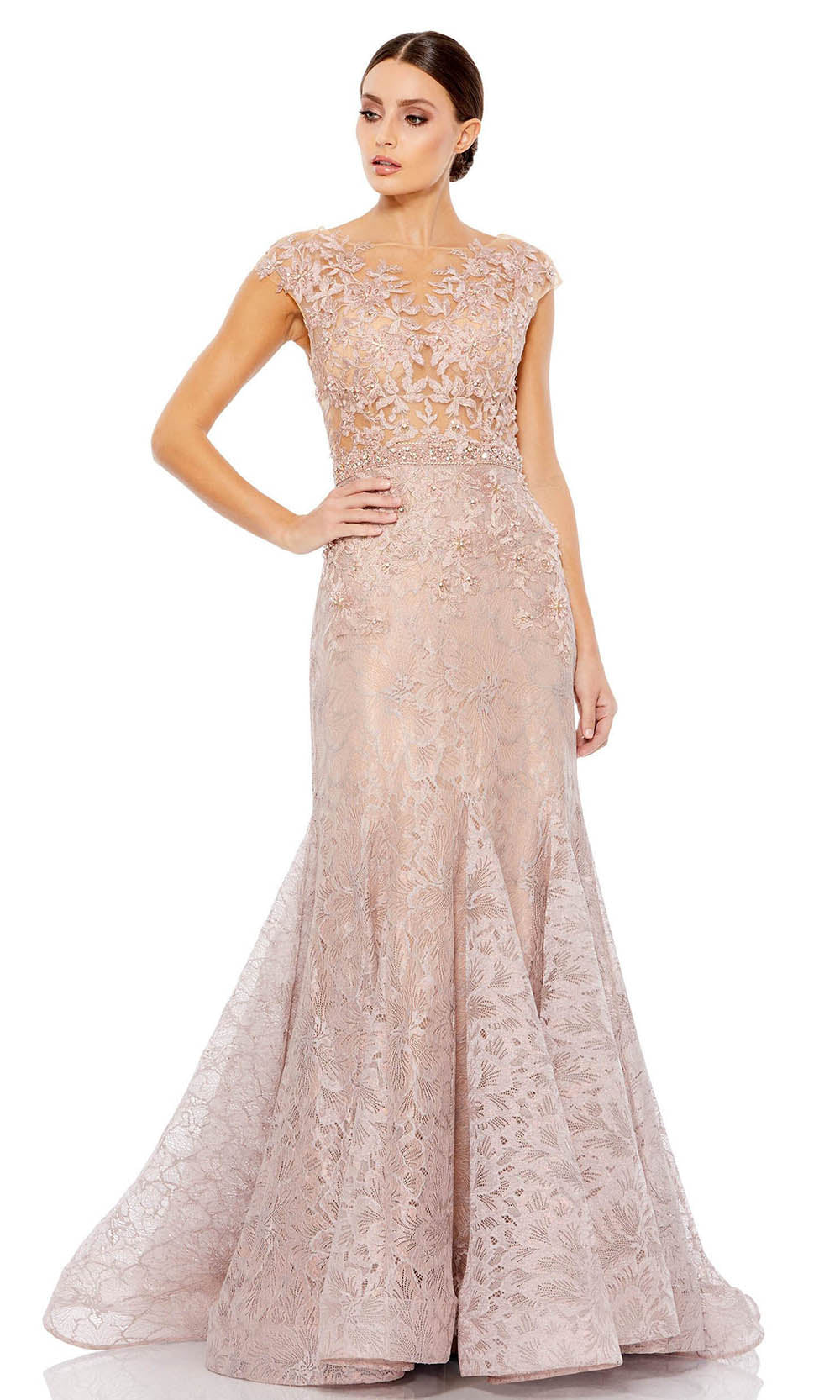 Mac Duggal Evening - 79368D Cap Sleeve Floral Lace Illusion Gown In Neutral