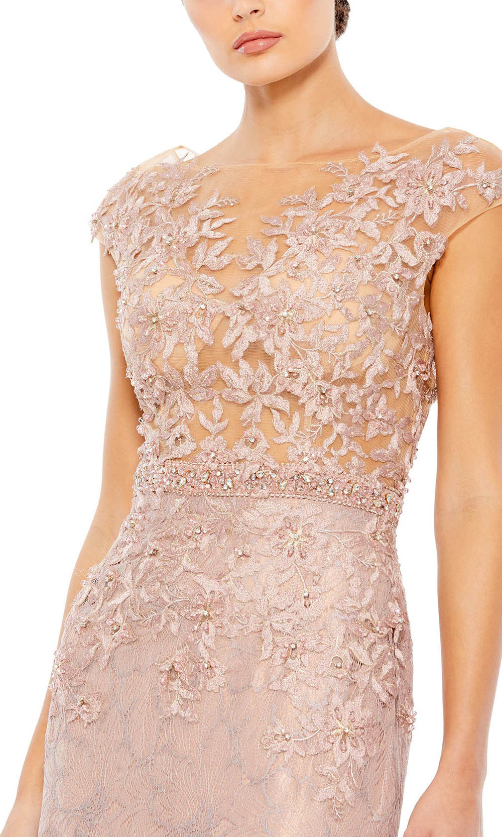 Mac Duggal Evening - 79368D Cap Sleeve Floral Lace Illusion Gown In Neutral