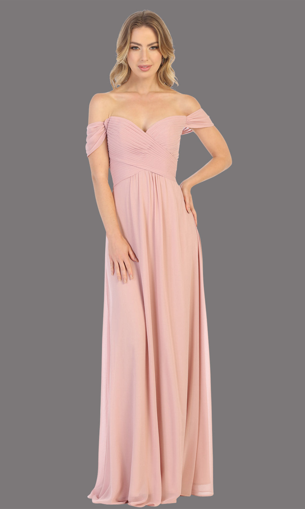 Mayqueen MQ1711 long dusty rose flowy off shoulder dress. This light pink dress is perfect for bridesmaid dresses, simple wedding guest dress, prom dress, gala, black tie wedding. Plus sizes are available, evening party dress.jpg