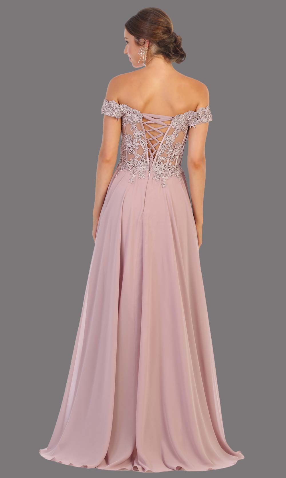 Mayqueen MQ1714 long mauve flowy dress features an off shoulder lace neckline top with a chiffon flowy skirt. Perfect for bridesmaid dresses, simple prom dress, formal wedding guest dress, indowestern party dress,black tie party. Plus sizes avail.jpg
