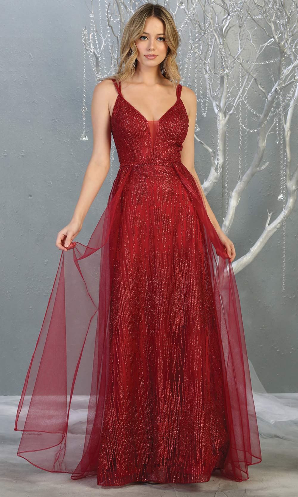 Mayqueen MQ1735 long sequin beaded burgundy red evening dress with straps & skirt overlay. This full length dark red gown is perfect for enagagement/e-shoot dress, wedding reception dress, indowestern gown, formal evening party dress.Plus sizes avail.jpg