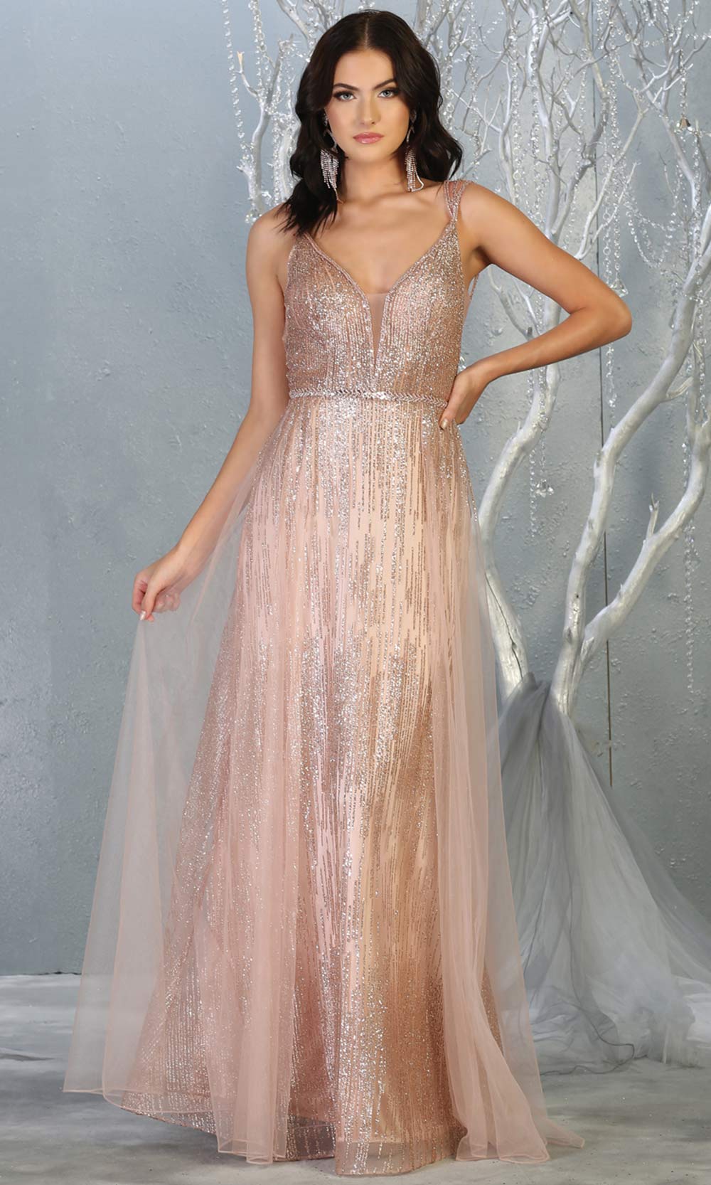 Mayqueen MQ1735 long sequin beaded rose gold evening dress with straps & skirt overlay. This full length pink gown is perfect for enagagement/e-shoot dress, wedding reception dress, indowestern gown, formal evening party dress.Plus sizes avail.jpg