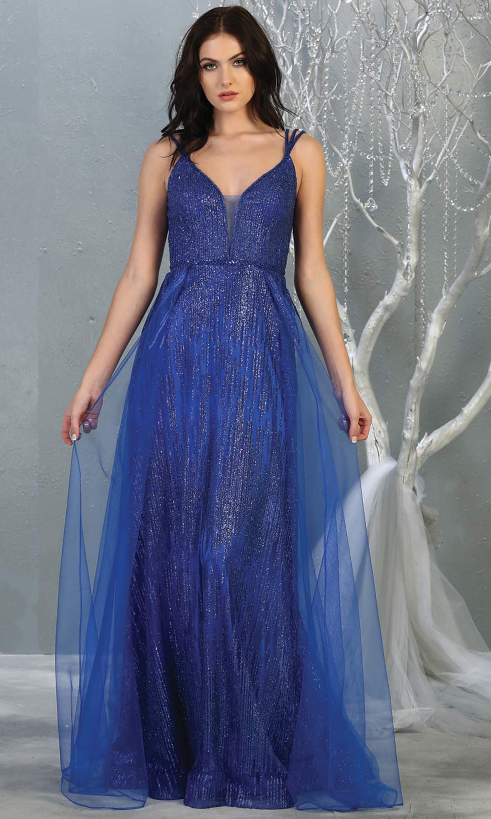 Mayqueen MQ1735 long sequin beaded royal blue evening dress with straps & skirt overlay. This full length royal blue gown is perfect for enagagement/e-shoot dress, wedding reception dress, indowestern gown, formal evening party dress.Plus sizes avail.jpg