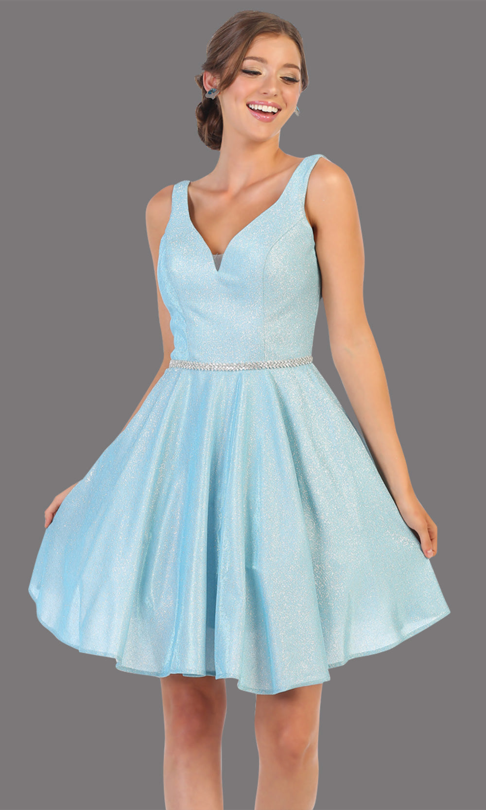 Mayqueen MQ1777 short baby blue metallic flowy simple grade 8 graduation dress w/ straps & belt. Light blue party dress is perfect for graduation, grade 8 grad, confirmation dress, bat mitzvah dress, damas. Plus sizes avail for grad dressgrade 8 grad dresses, graduation dresses