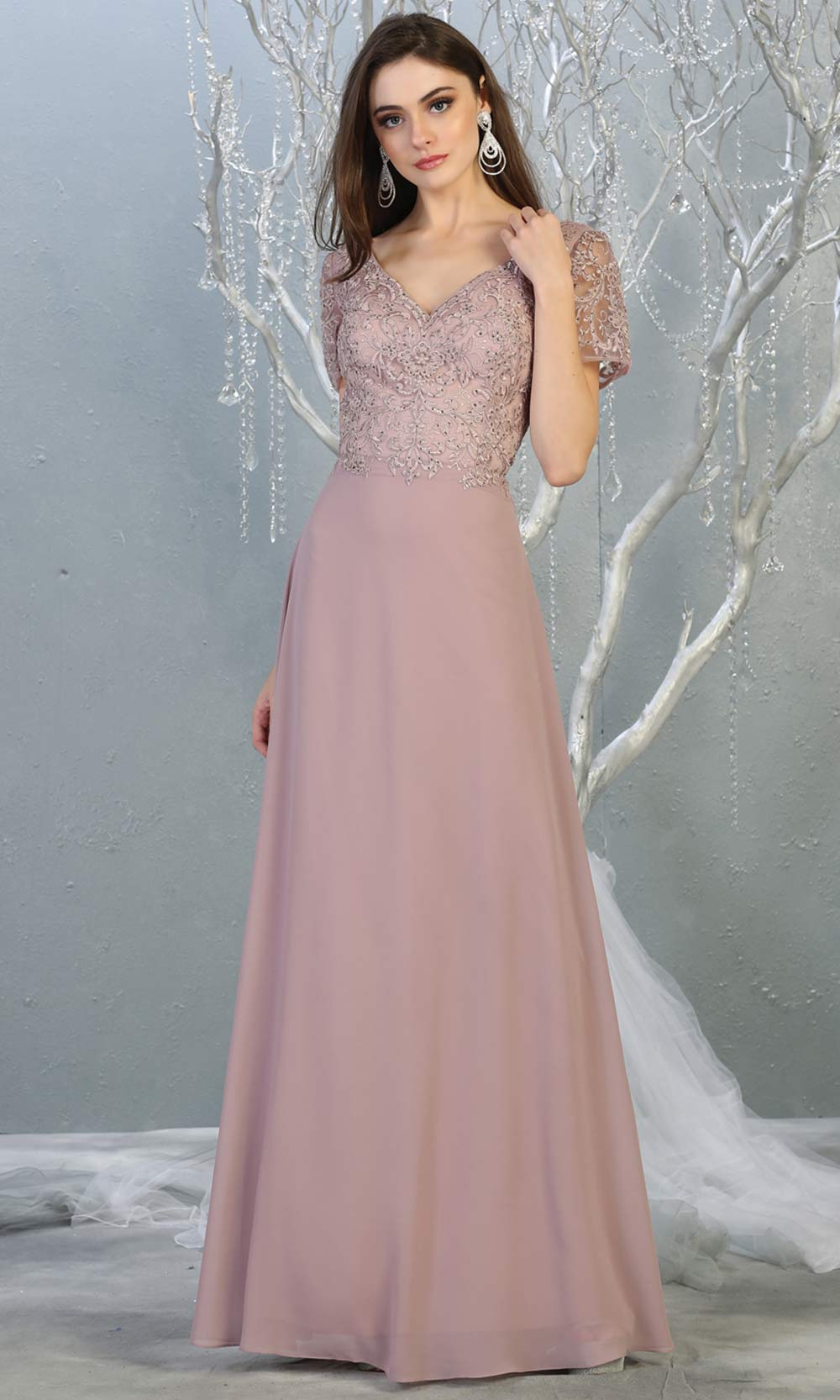 Mayqueen MQ 1782 long mauve pink modest flowy dress w/ sleeves. Full length dusty rose chiffon & lace top is perfect for mother of the bride, formal wedding guest, indowestern gown, evening party dress, pink muslim party dress. Plus sizes avail.jpg