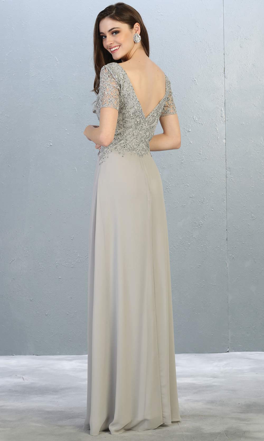 Mayqueen MQ 1782 long silver grey modest flowy dress w/ sleeves. Full length light gray chiffon & lace top is perfect for mother of the bride, formal wedding guest, indowestern gown, evening party dress, grey muslim party dress. Plus sizes avail-back.jpg