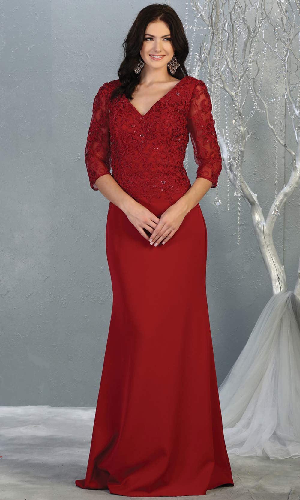 Mayqueen MQ 1783 long burgundy red modest flowy dress w/ long sleeves. Dark red chiffon & lace top is perfect for mother of the bride, formal wedding guest, indowestern gown, evening party dress, dark red muslim party dress. Plus sizes avail.jpg