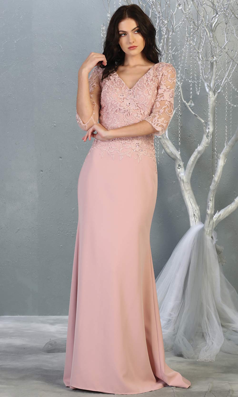 Mayqueen MQ 1783 long dusty rose modest flowy dress w/ long sleeves. Pink chiffon & lace top is perfect for mother of the bride, formal wedding guest, indowestern gown, evening party dress, dusty rose muslim party dress. Plus sizes avail.jpg