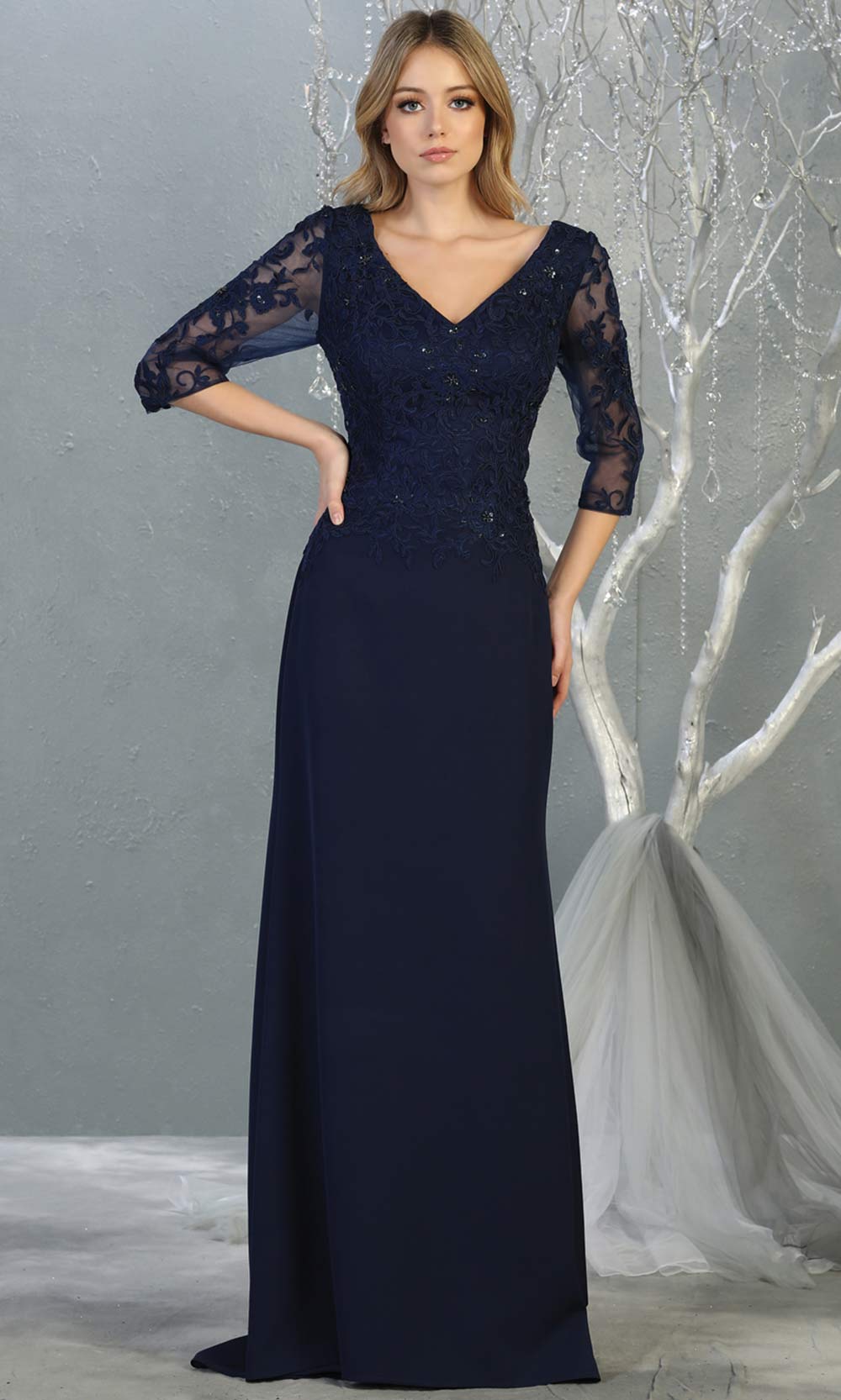 Mayqueen MQ 1783 long navy blue modest flowy dress w/ long sleeves. Dark blue chiffon & lace top is perfect for mother of the bride, formal wedding guest, indowestern gown, evening party dress, dark red muslim party dress. Plus sizes avail.jpg