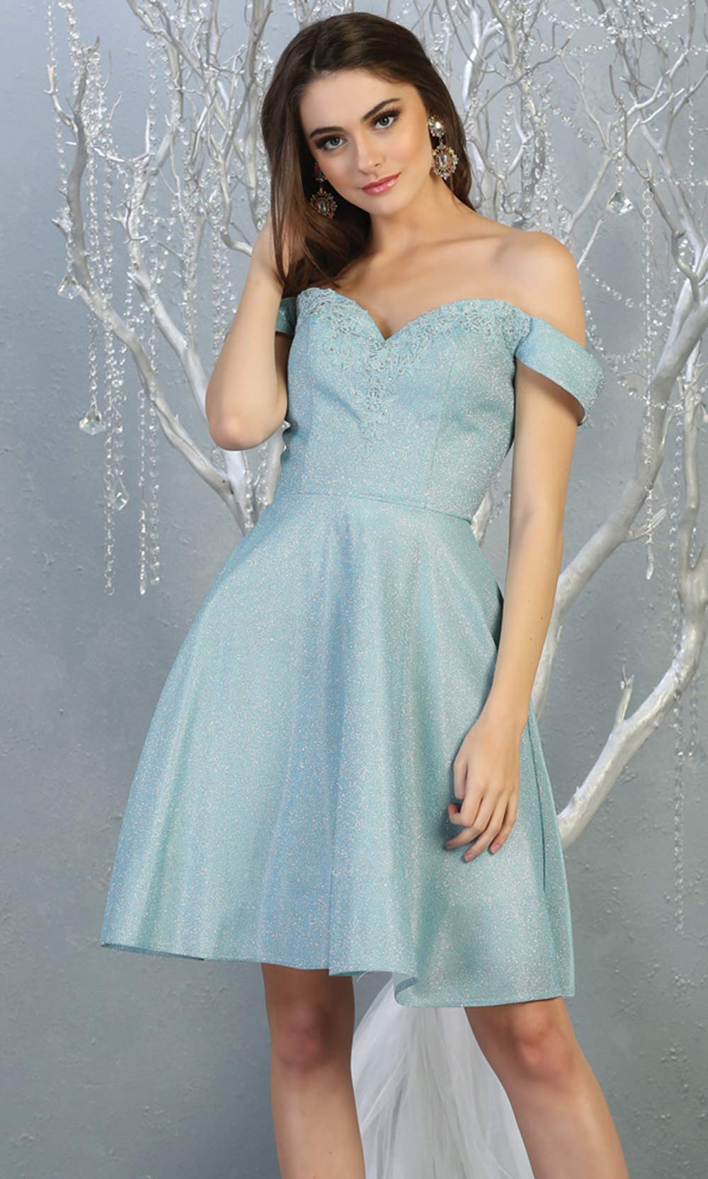 Mayqueen MQ1788 short light blue metallic flowy simple grade 8 graduation off shoulder dress. Light blue party dress is perfect for graduation, grade 8 grad, confirmation dress, bat mitzvah dress, damas. Plus sizes avail for grad dress.jpggrade 8 grad dresses, graduation dresses