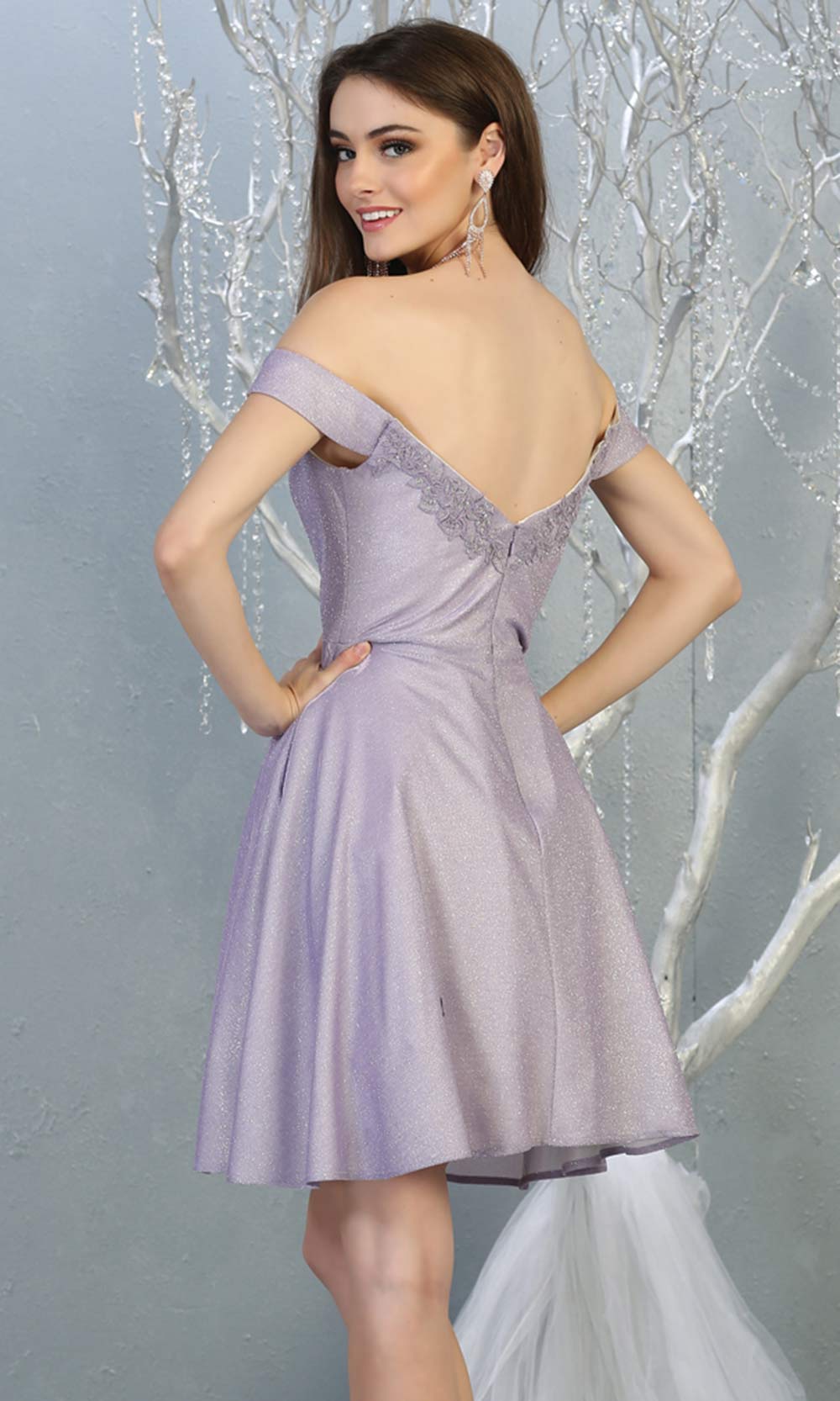 Mayqueen MQ1788 short lilac metallic flowy simple grade 8 graduation off shoulder dress. Light purple party dress is perfect for graduation, grade 8 grad, confirmation dress, bat mitzvah dress, damas. Plus sizes avail for grad dress-back.jpggrade 8 grad dresses, graduation dresses