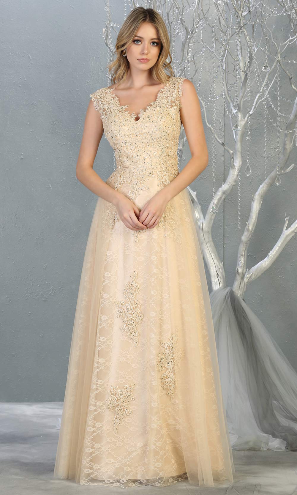Mayqueen MQ1799 long champagne gold v neck evening fitted dress.Full length light gold lace gown w/skirt overlay is perfect for enagagement/e-shoot dress, formal wedding guest, indowestern gown, evening party dress, prom, bridesmaid. Plus sizes avail.jpg