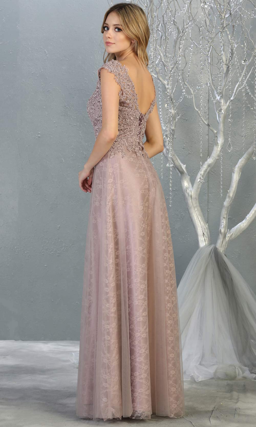 Mayqueen MQ1799 long mauve v neck evening fitted dress. Full length dusty rose lace gown w/skirt overlay is perfect for enagagement/e-shoot dress, formal wedding guest, indowestern gown, evening party dress, prom, bridesmaid. Plus sizes avail-b.jpg