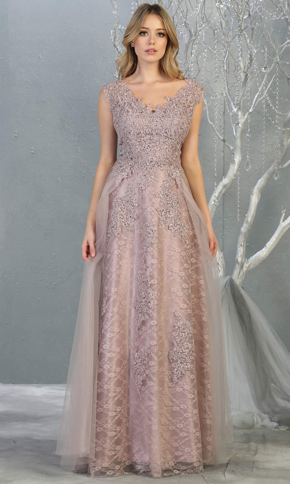 Mayqueen MQ1799 long mauve v neck evening fitted dress. Full length dusty rose lace gown w/skirt overlay is perfect for enagagement/e-shoot dress, formal wedding guest, indowestern gown, evening party dress, prom, bridesmaid. Plus sizes avail.jpg