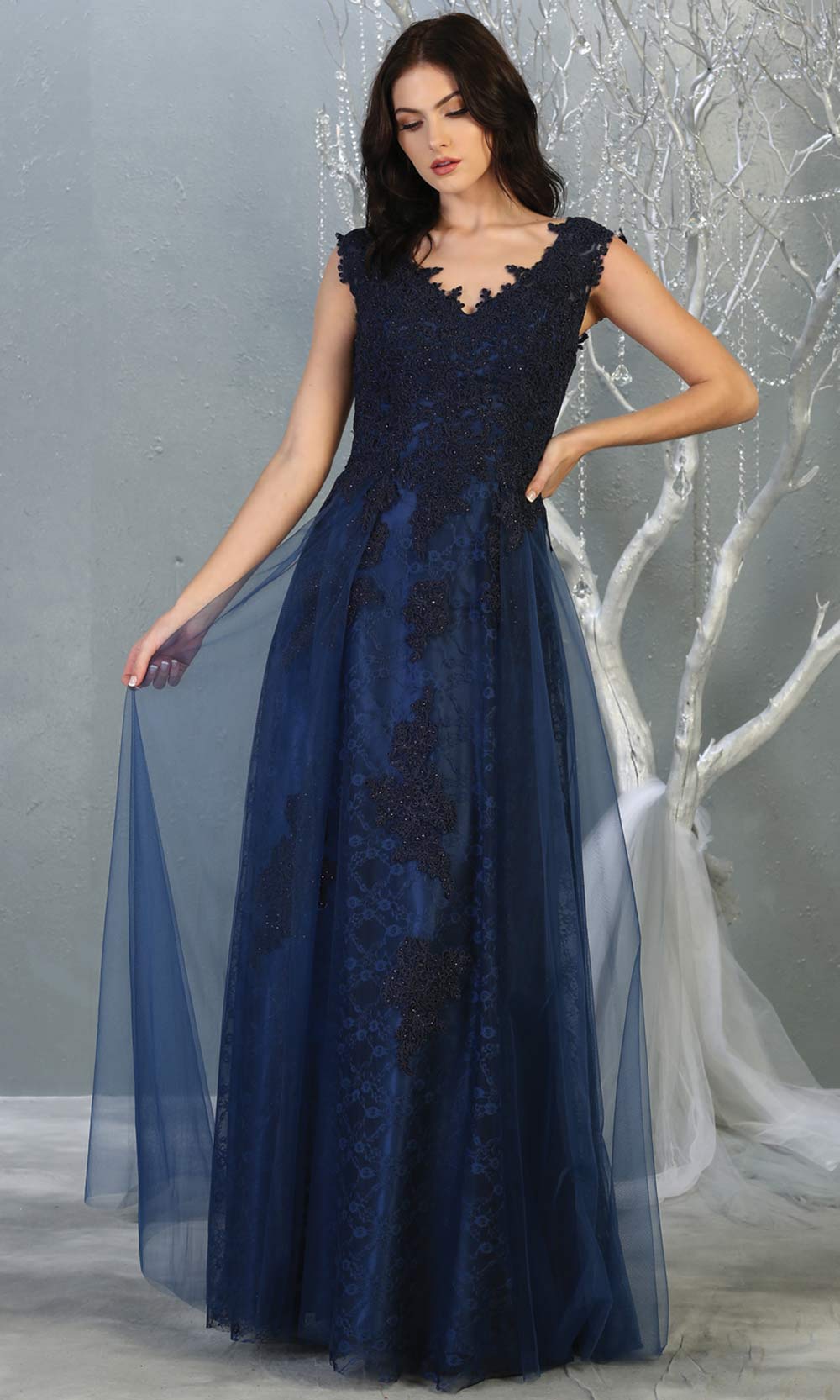 Mayqueen MQ1799 long navy blue v neck evening fitted dress. Full length dark blue lace gown w/skirt overlay is perfect for enagagement/e-shoot dress, formal wedding guest, indowestern gown, evening party dress, prom, bridesmaid. Plus sizes avail.jpg