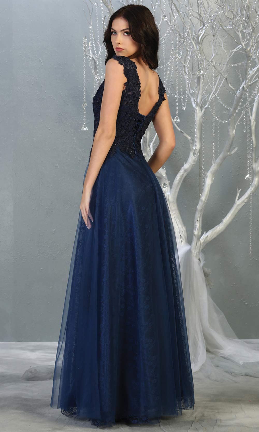 Mayqueen MQ1799 long navy blue v neck evening fitted dress. Full length dark blue lace gown w/skirt overlay is perfect for enagagement/e-shoot dress, formal wedding guest, indowestern gown, evening party dress, prom, bridesmaid. Plus sizes avail-b.jpg