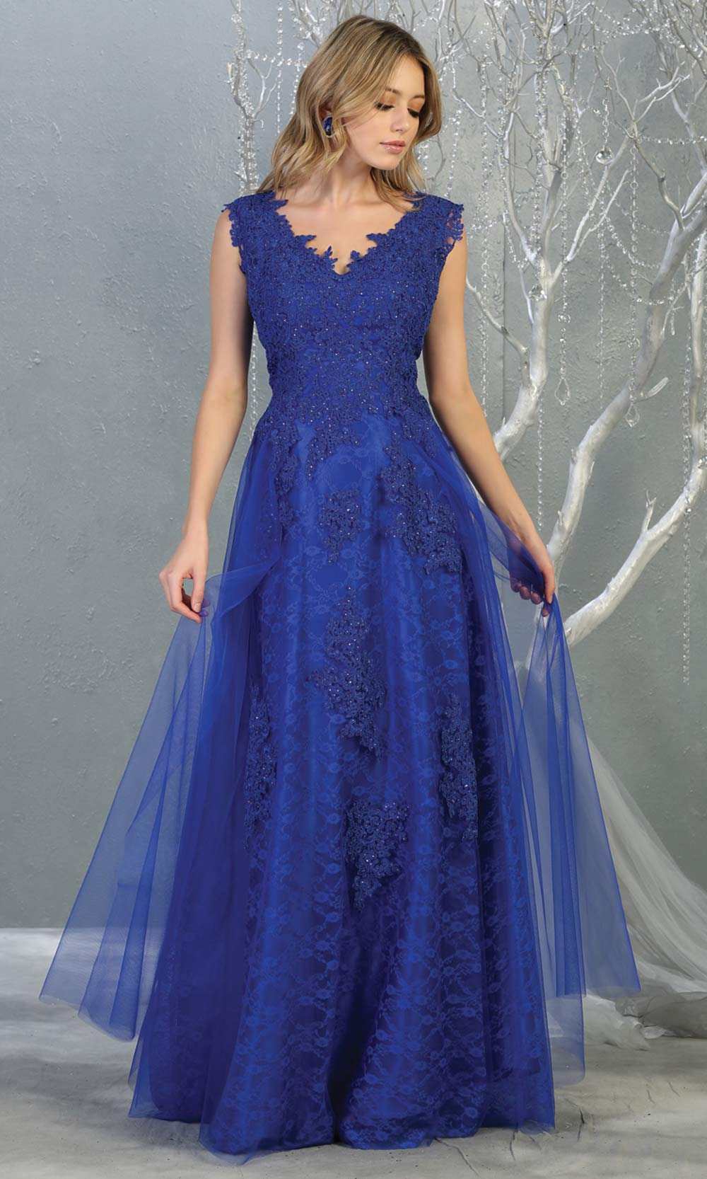 Mayqueen MQ1799 long royal blue v neck evening fitted dress. Full length royal blue lace gown w/skirt overlay is perfect for enagagement/e-shoot dress, formal wedding guest, indowestern gown, evening party dress, prom, bridesmaid. Plus sizes avail.jpg