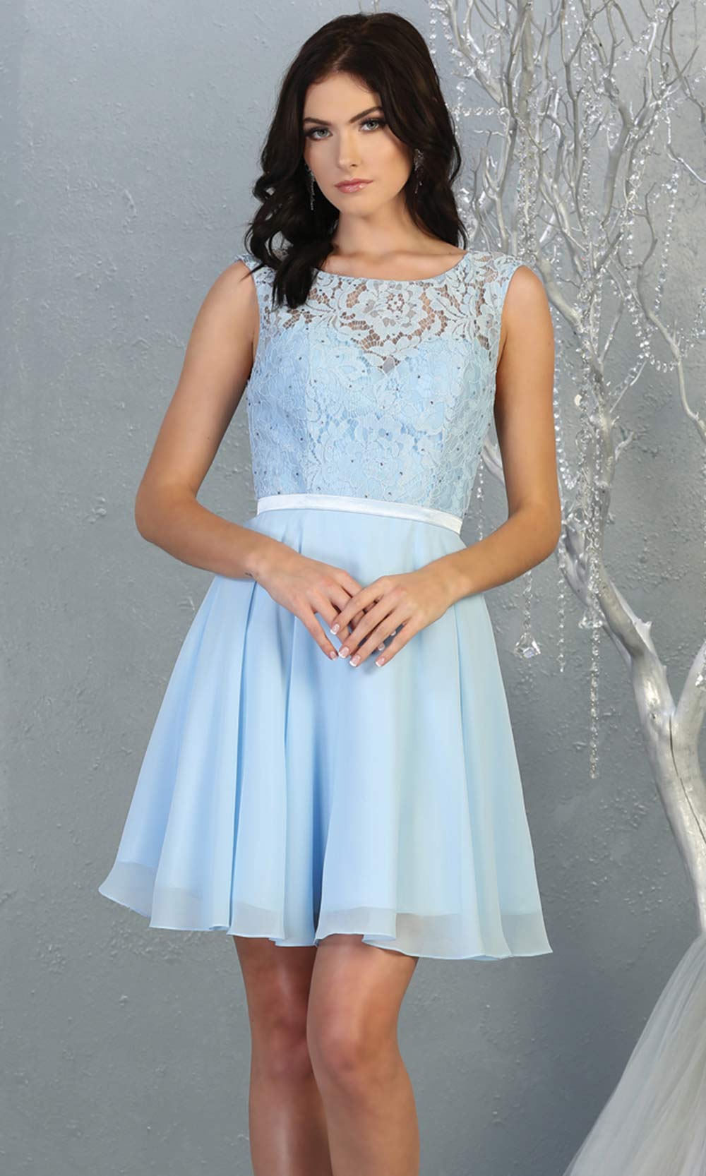 Mayqueen MQ1814 short light blue high neck flowy grade 8 graduation dress w/ corset & simple skirt. Light blue party dress is perfect for prom, graduation, grade 8 grad, confirmation dress, bat mitzvah dress, damas. Plus sizes avail for grad dress.jpggrade 8 grad dresses, graduation dresses