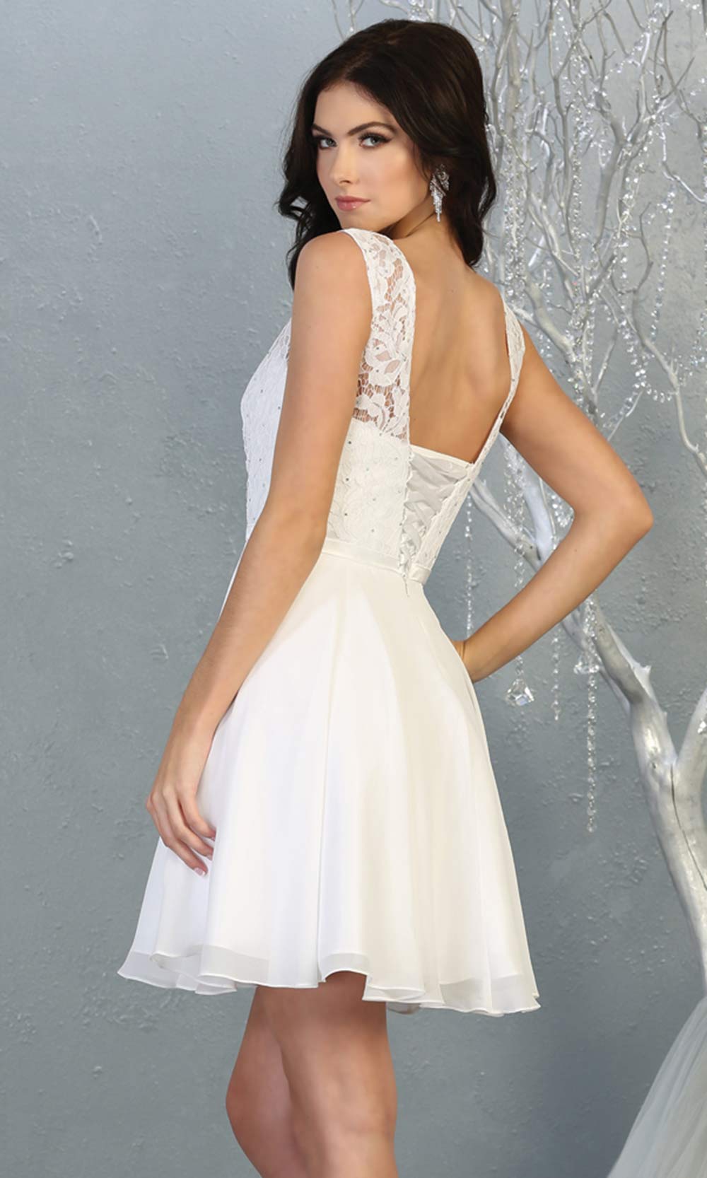 Mayqueen MQ1814 short white high neck flowy grade 8 graduation dress w/ corset & simple skirt. White party dress is perfect for prom, graduation, grade 8 grad, confirmation dress, bat mitzvah dress, damas. Plus sizes avail for grad dress-b.jpggrade 8 grad dresses, graduation dresses
