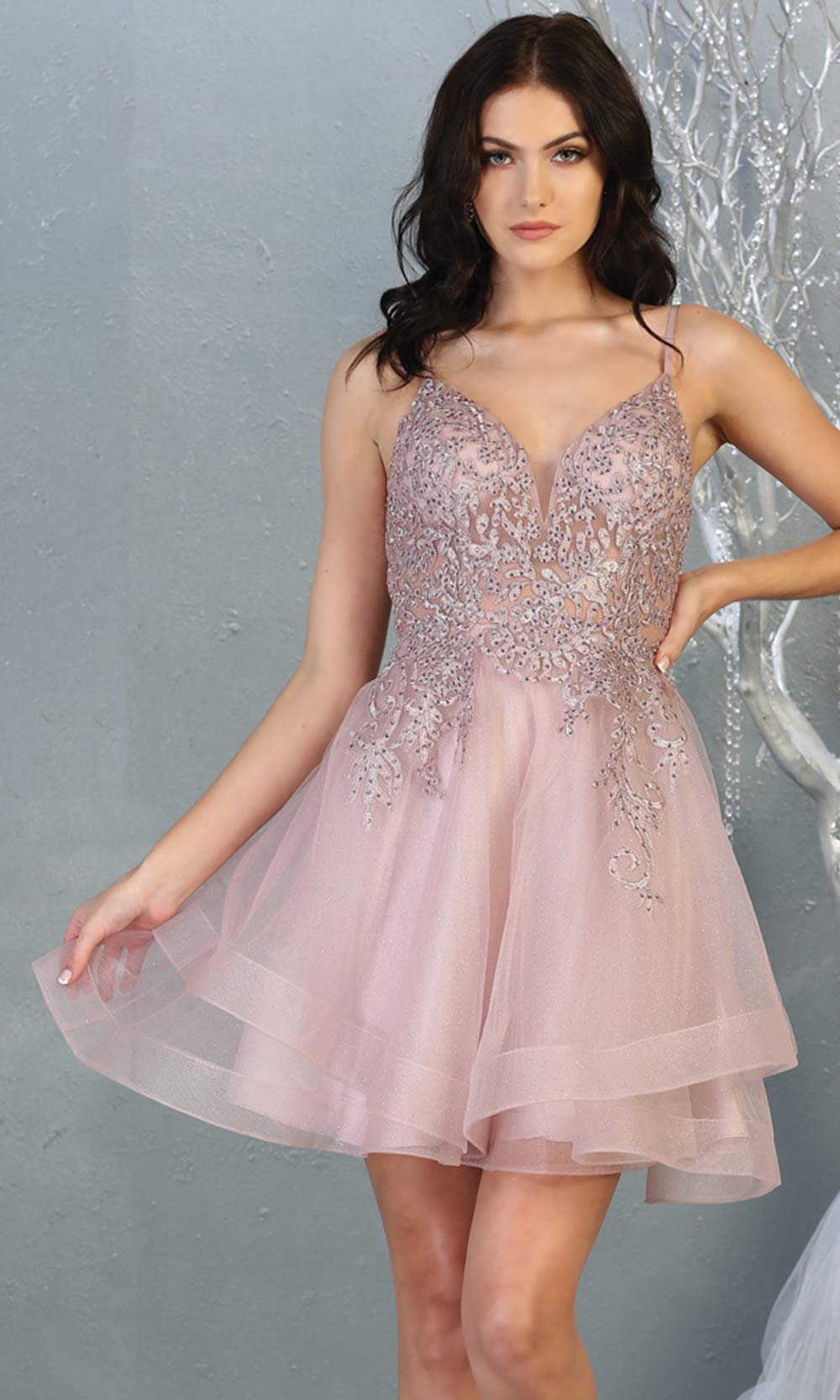 Mayqueen MQ1816 short mauve v neck flowy grade 8 graduation dress w/beaded top & puffy skirt. Dusty rose party dress is perfect for prom, graduation, grade 8 grad, confirmation dress, bat mitzvah dress, damas. Plus sizes avail for grad dress.jpggrade 8 grad dresses, graduation dresses