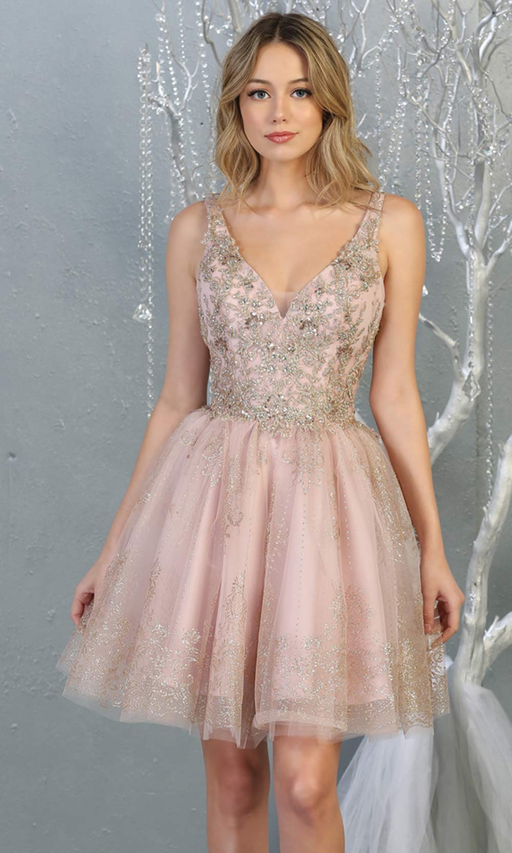 Mayqueen MQ1817 short mauve v neck flowy grade 8 graduation dress w/beaded top & puffy skirt. Dusty rose party dress is perfect for prom, graduation, grade 8 grad, confirmation dress, bat mitzvah dress, damas. Plus sizes avail for grad dress..jpggrade 8 grad dresses, graduation dresses