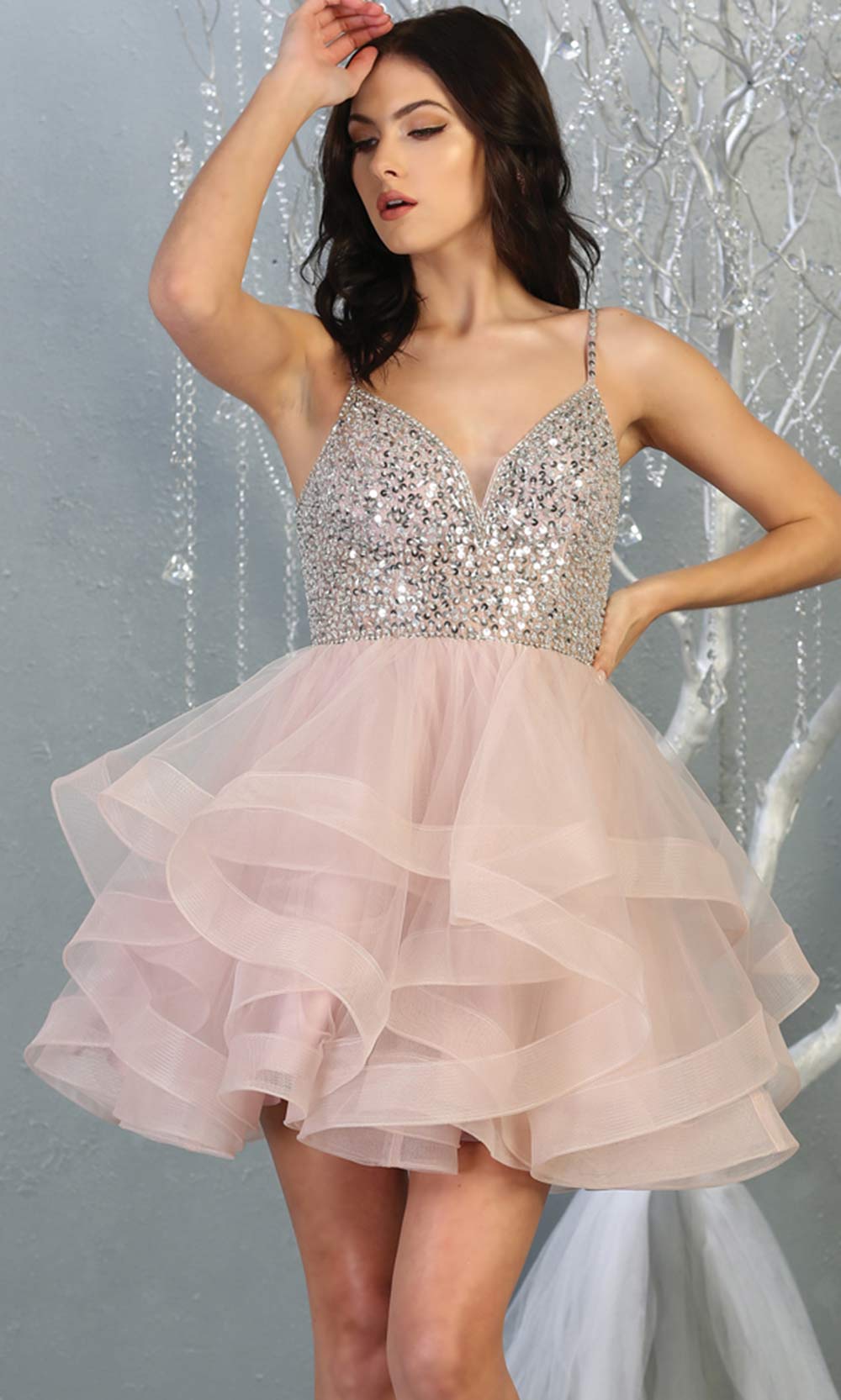 4Nowfashions 1818short mauve v neck flowy grade 8 graduation dress w/beaded top & puffy tier skirt. Dusty rose party dress is perfect for prom, graduation, grade 8 grad, confirmation dress, bat mitzvah dress, damas. Plus sizes avail for grad dress.jpggrade 8 grad dresses, graduation dresses