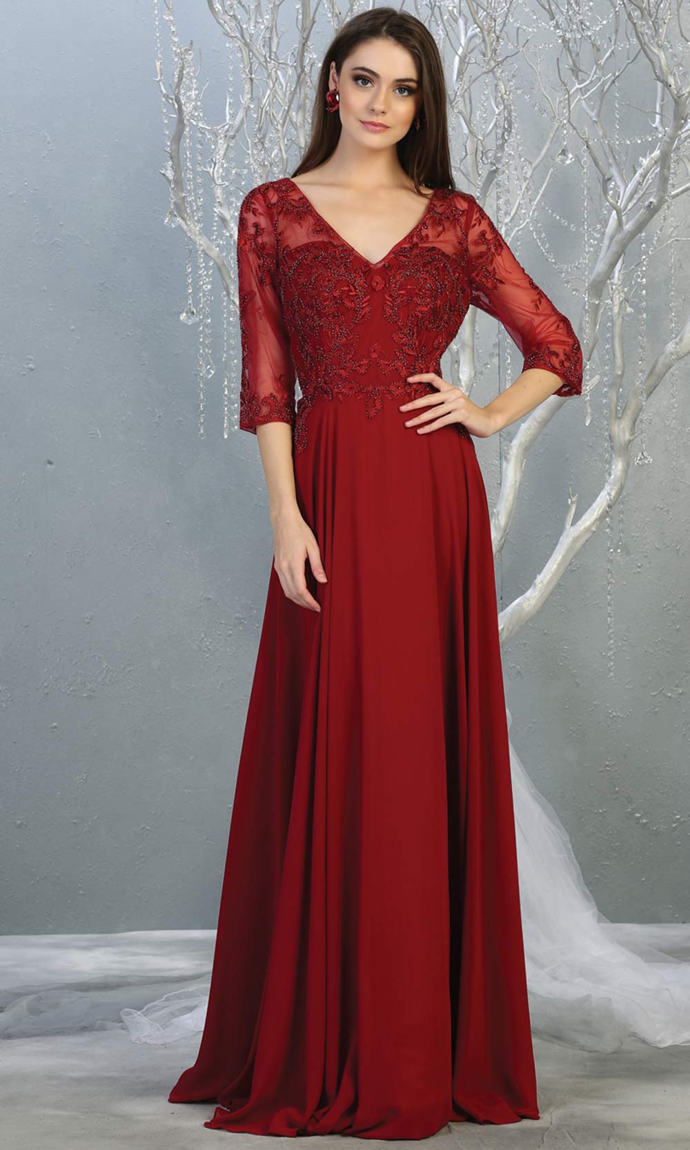 Mayqueen RQ7820 long burgundy red modest flowy dress w/ long sleeves. Dark red chiffon & lace top is perfect for mother of the bride, formal wedding guest, indowestern gown, evening party dress, dark red muslim party dress. Plus sizes avail.jpg