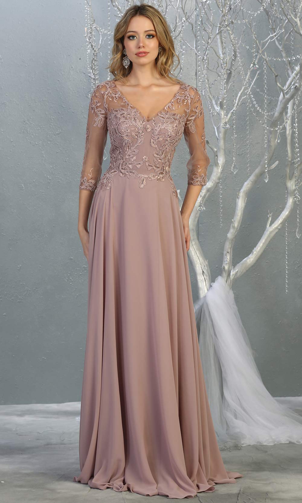 Mayqueen RQ7820 long mauve modest flowy dress w/ long sleeves. Dusty rose chiffon & lace top is perfect for mother of the bride, formal wedding guest, indowestern gown, evening party dress, mauve muslim party dress. Plus sizes avail.jpg