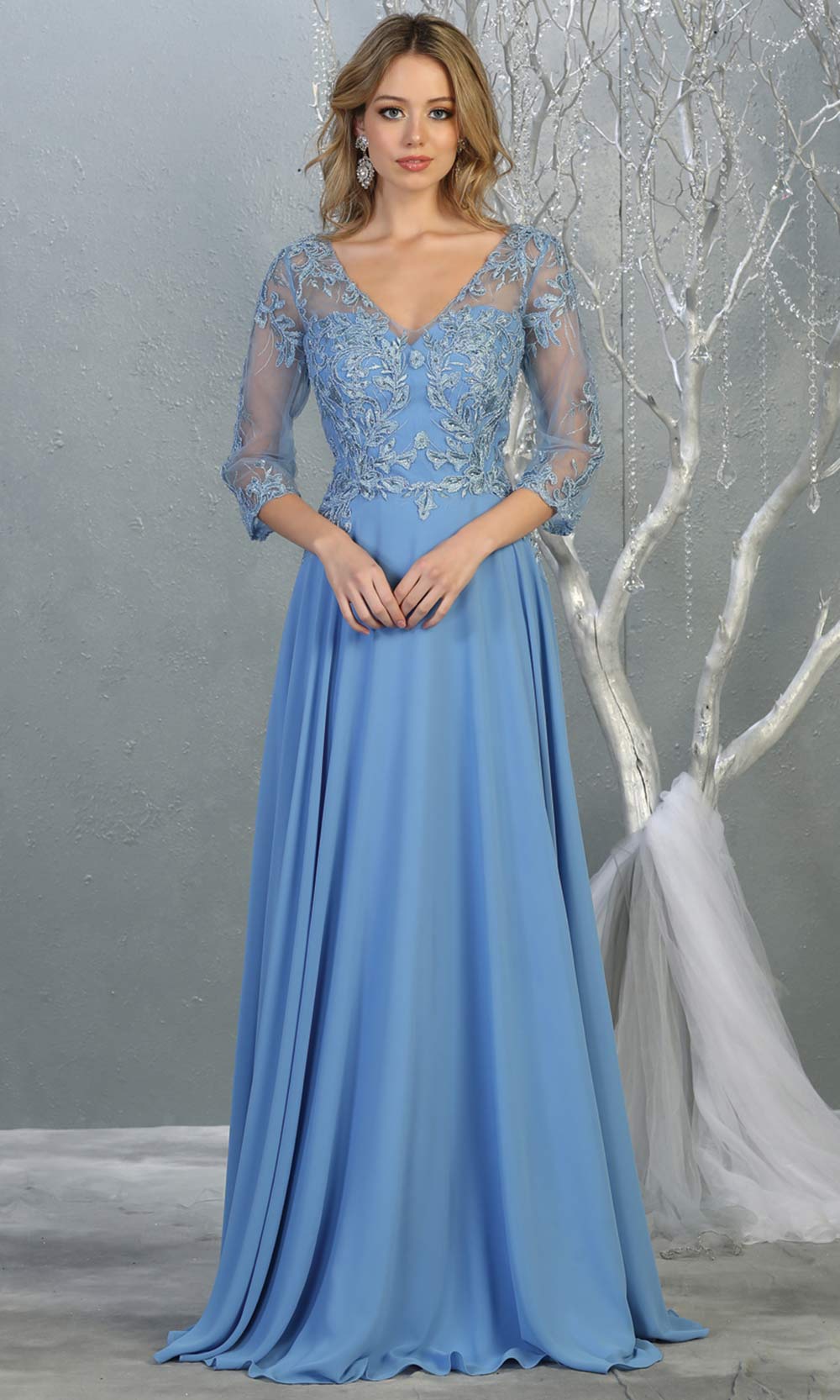 Mayqueen RQ7820 long perry blue modest flowy dress w/ long sleeves. Light blue chiffon & lace top is perfect for mother of the bride, formal wedding guest, indowestern gown, evening party dress, perry blue muslim party dress. Plus sizes avail.jpg