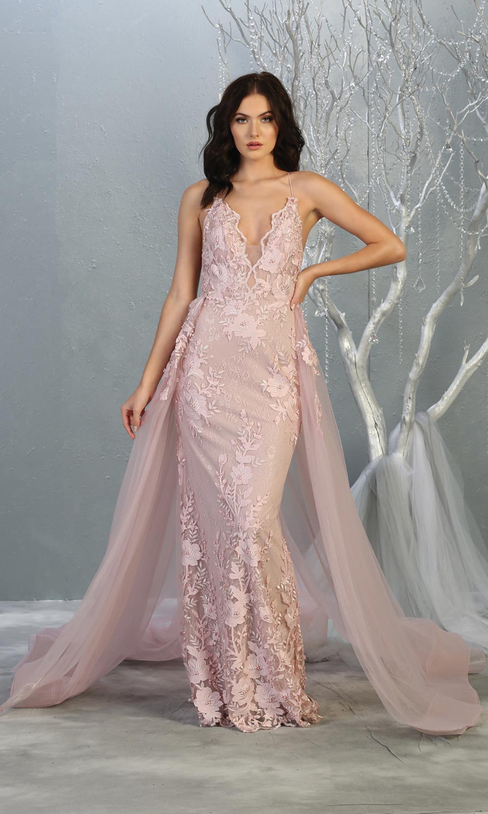 Mayqueen RQ7823 long mauve v neck evening fitted lace dress w/straps. Full length light pink gown is perfect for enagagement/e-shoot dress, formal wedding guest, indowestern gown, evening party dress, prom, bridesmaid. Plus sizes avail.jpg