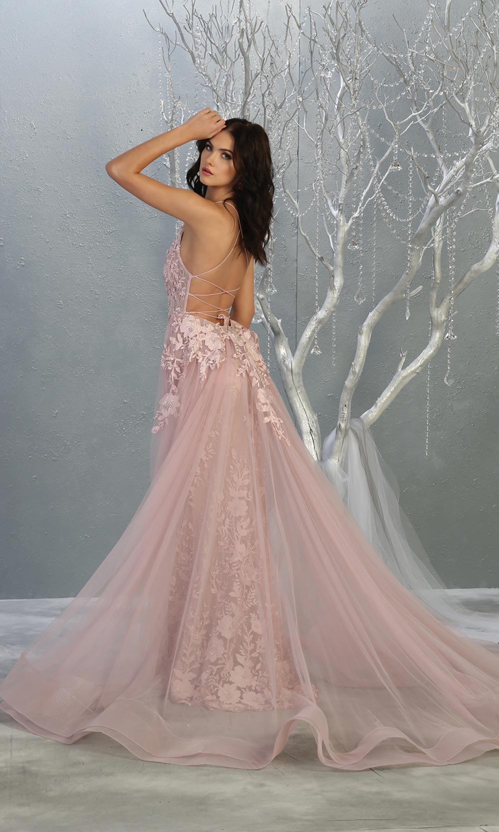 Mayqueen RQ7823 long mauve v neck evening fitted lace dress w/straps. Full length light pink gown is perfect for enagagement/e-shoot dress, formal wedding guest, indowestern gown, evening party dress, prom, bridesmaid. Plus sizes avail-b.jpg