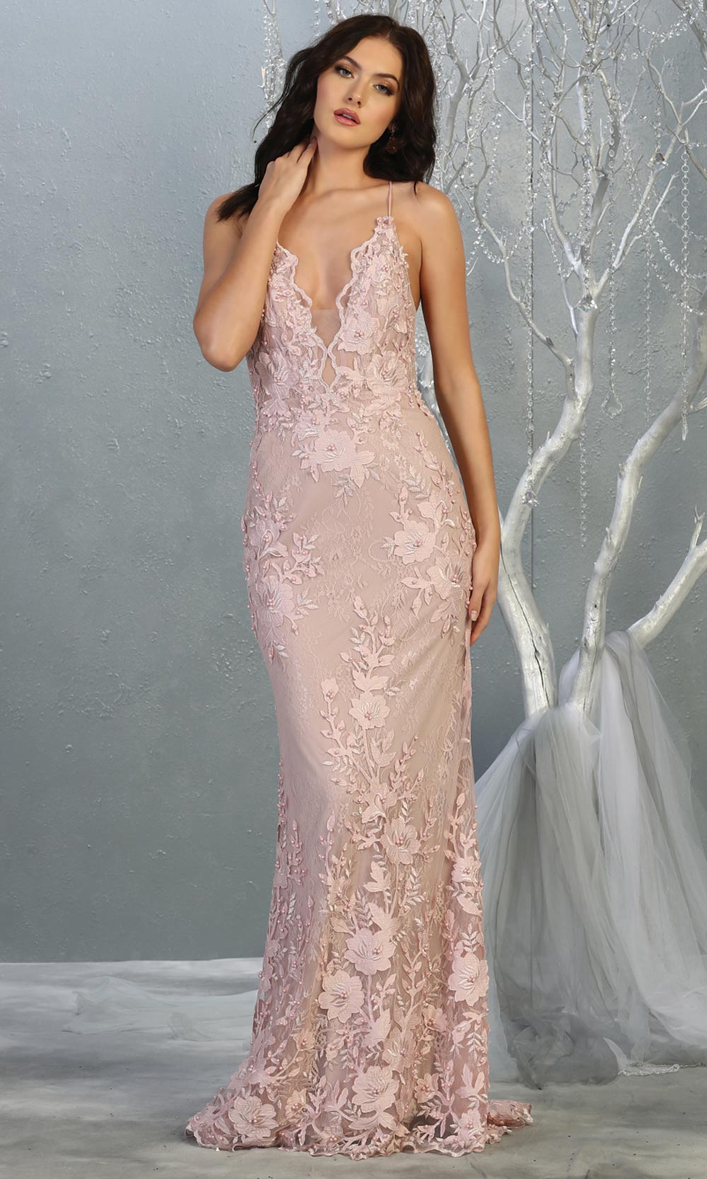 Mayqueen RQ7823 long mauve v neck evening fitted lace dress w/straps. Full length light pink gown is perfect for enagagement/e-shoot dress, formal wedding guest, indowestern gown, evening party dress, prom, bridesmaid. Plus sizes avail-1.jpg