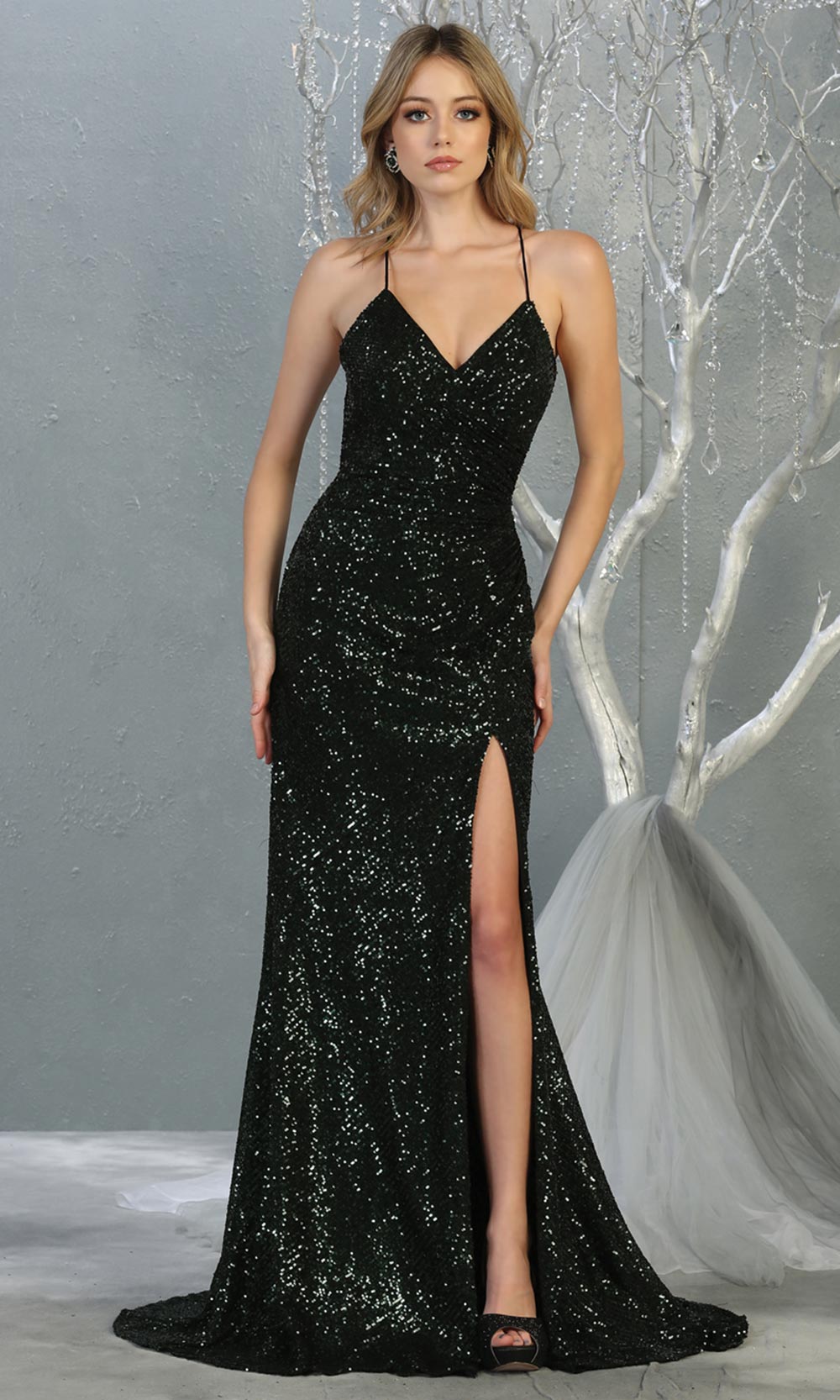 Mayqueen RQ7852 long hunter green sequin v neck evening gown w/open back & slit. Full length fitted green gown is perfect for enagagement/e-shoot dress, formal wedding guest, evening party dress, prom, engagement, wedding reception. Plus sizes avail.jpg