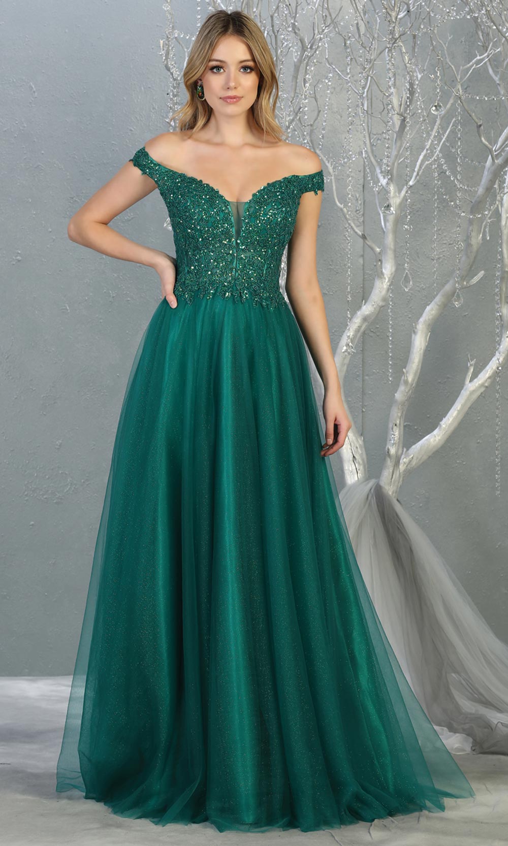 Mayqueen RQ7864 long hunter green off shoulder sequin top evening gown.Full length flowy dress w/ tulle skirt is perfect for enagagement/e-shoot dress, sweet 16, debut, formal evening party dress, prom, engagement, wedding reception. Plus sizes avail.jpg