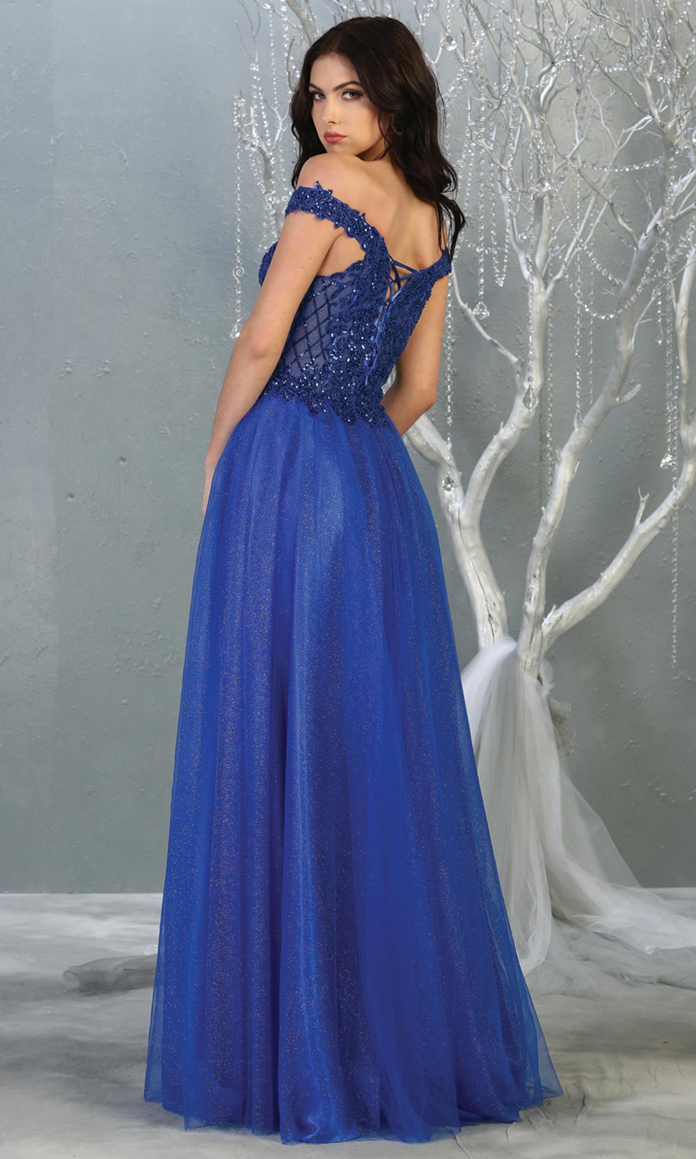 Mayqueen RQ7864 long royal blue off shoulder sequin top evening gown. Full length flowy dress w/ tulle skirt is perfect for enagagement/e-shoot dress,sweet 16, debut, formal evening party dress, prom, engagement, wedding reception. Plus sizes avail-b.jpg