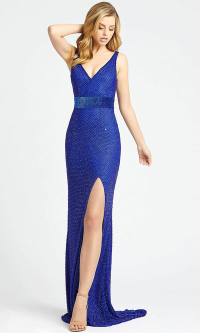 Mac Duggal - 1070L Fully Beaded V Neck Slit Evening Gown In Blue