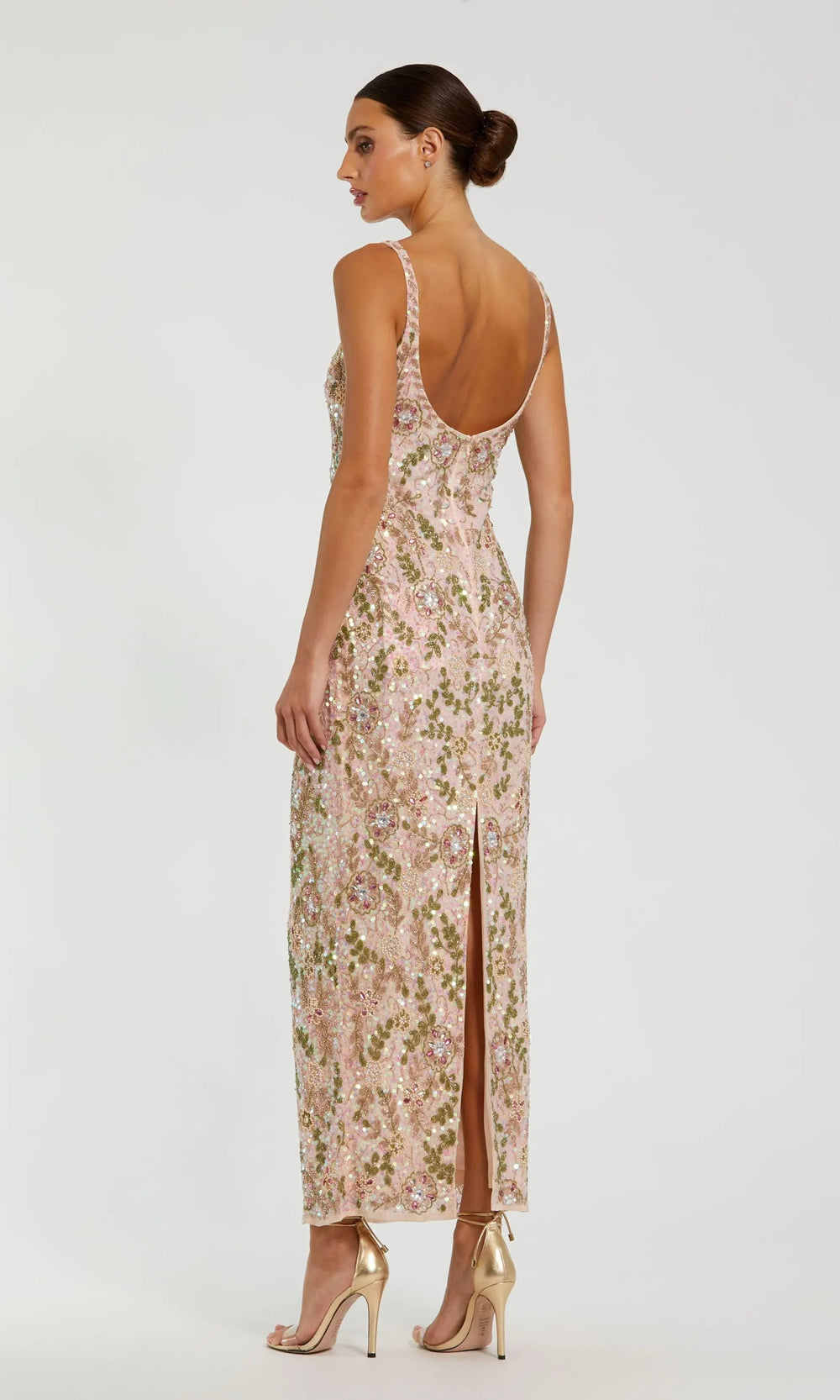 Mac Duggal 10755 champagne beige multicolor back view fully beaded fitted gown showing deep open scoop back, beaded straps, and center-back slit, formal prom gown