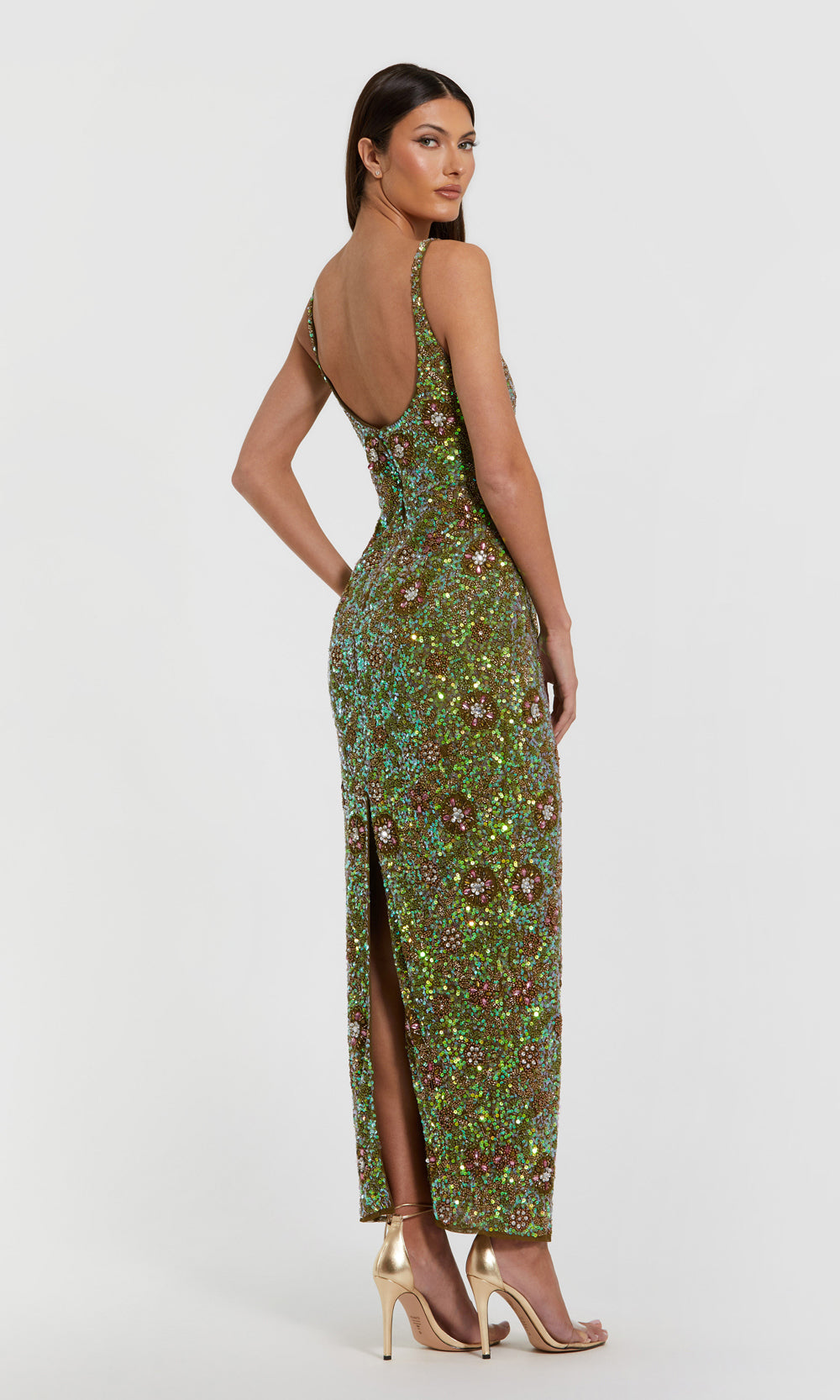 Mac Duggal 10755 olive green back view fully beaded fitted gown showing deep open scoop back, structured beaded straps, center-back slit, evening gown for prom