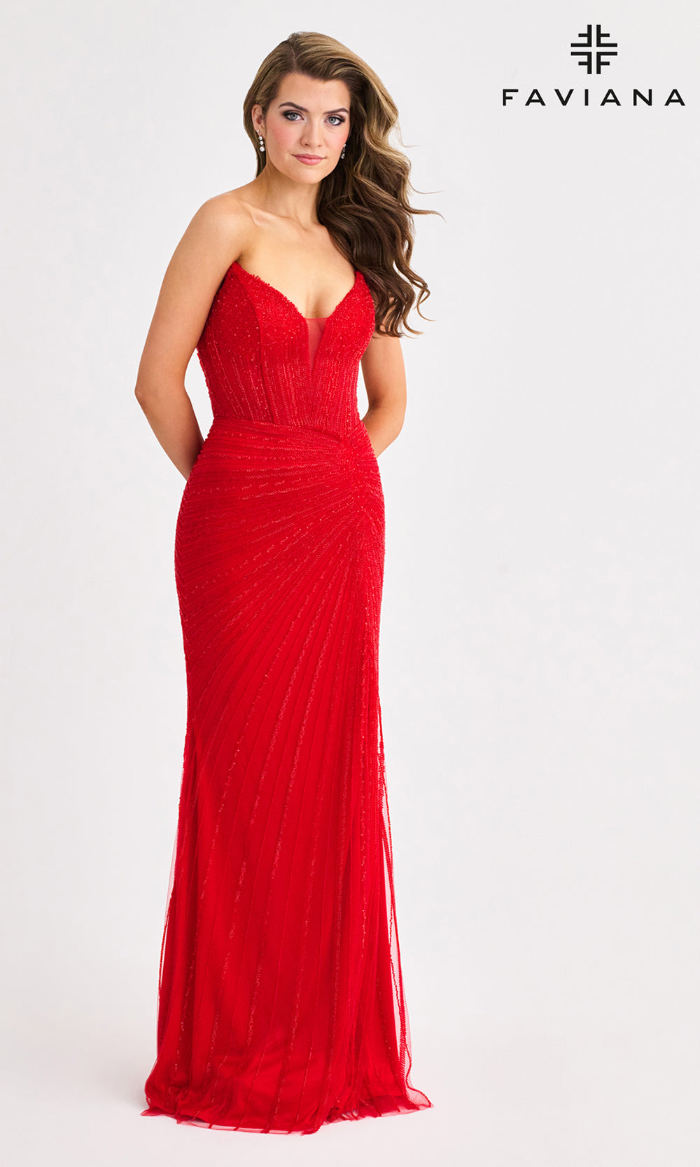Woman wearing a red evening gown with 'Faviana' branding on a white background