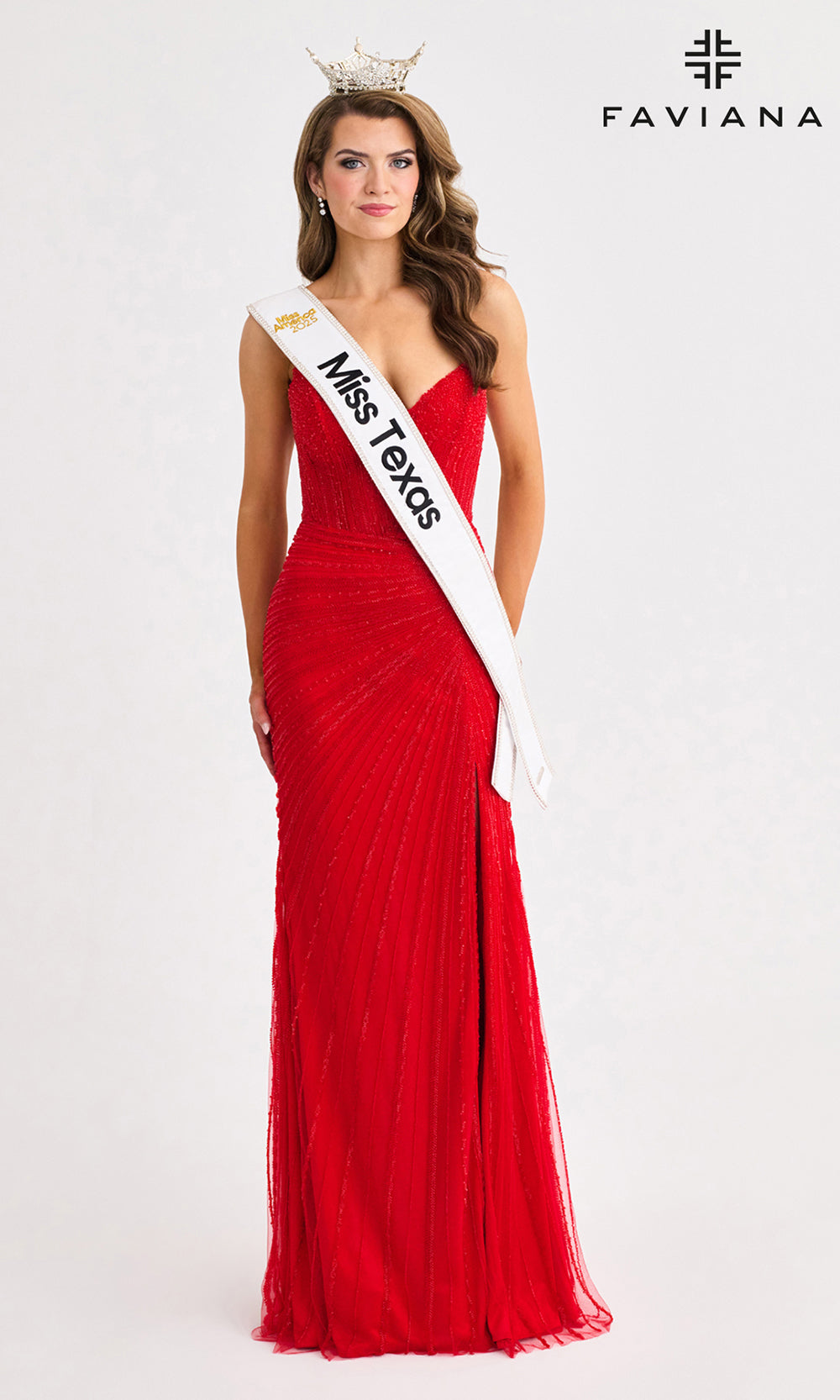 Woman in a red gown with a 'Miss Texas' sash and Faviana logo on a white background