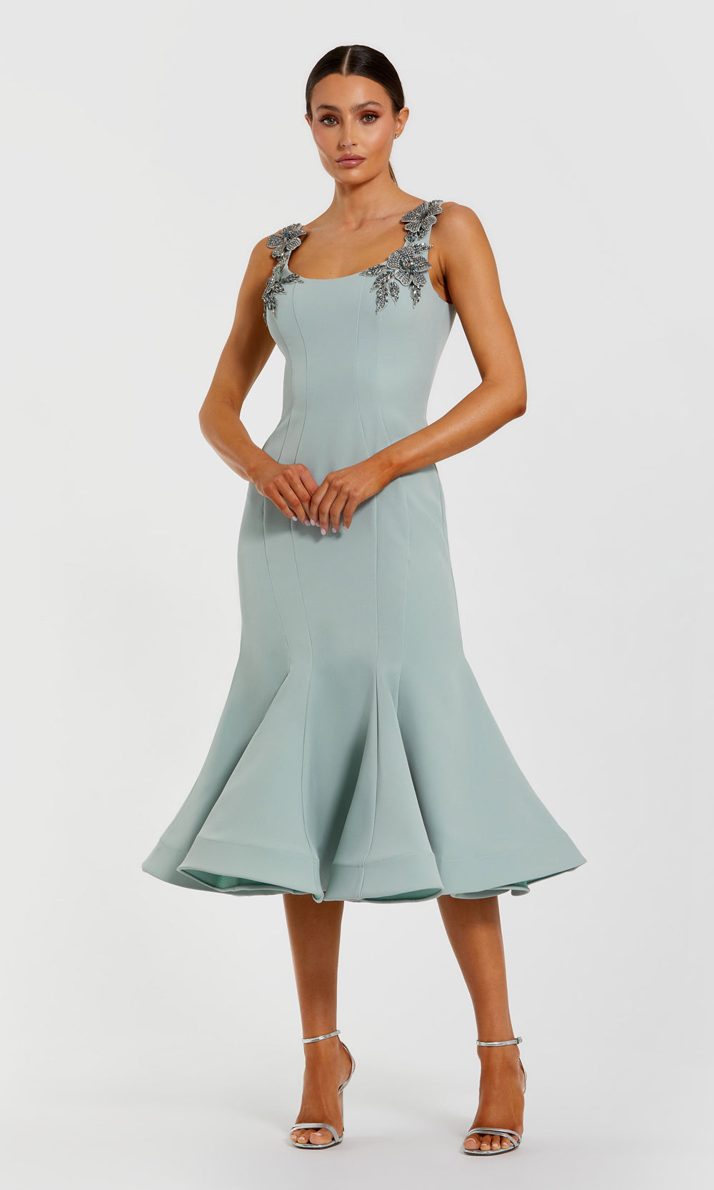 Mac Duggal 11948 Seafoam Green front view tea-length fit-and-flare jersey dress with beaded 3D floral appliqués scoop neckline open back evening gown semi-formal party dress