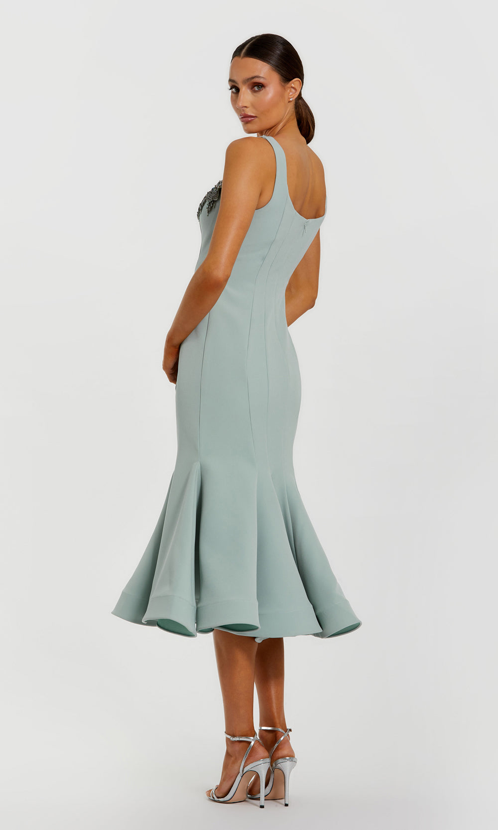 Mac Duggal 11948 Seafoam Green back view tea-length fit-and-flare jersey dress showing open back wide straps beaded appliqués fishtail hem cocktail party dress styled for evening