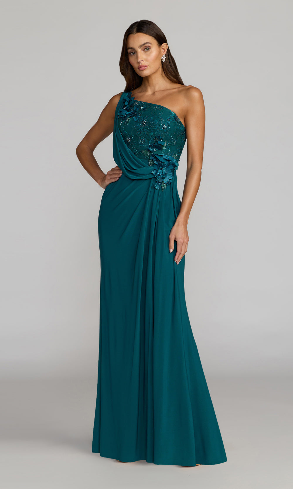 Mac Duggal 13210 One-Shoulder Beaded Lace Floral Fitted Jersey Gown