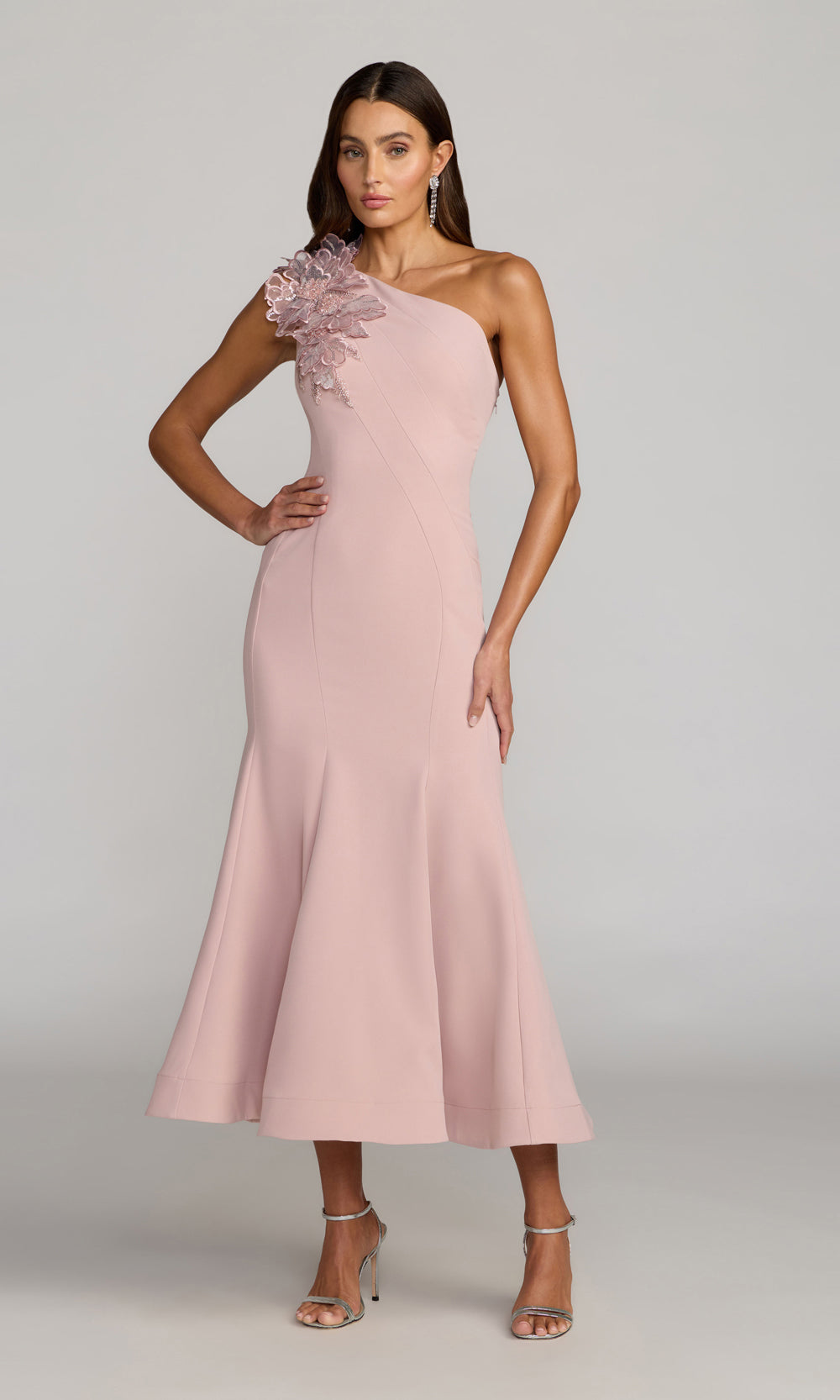Mac Duggal 13222 Rose Pink front view wedding guest dress with stretch jersey, 3D beaded floral appliqué, one-shoulder fit-and-flare tea-length silhouette, black tie event dress, wedding-guest ready