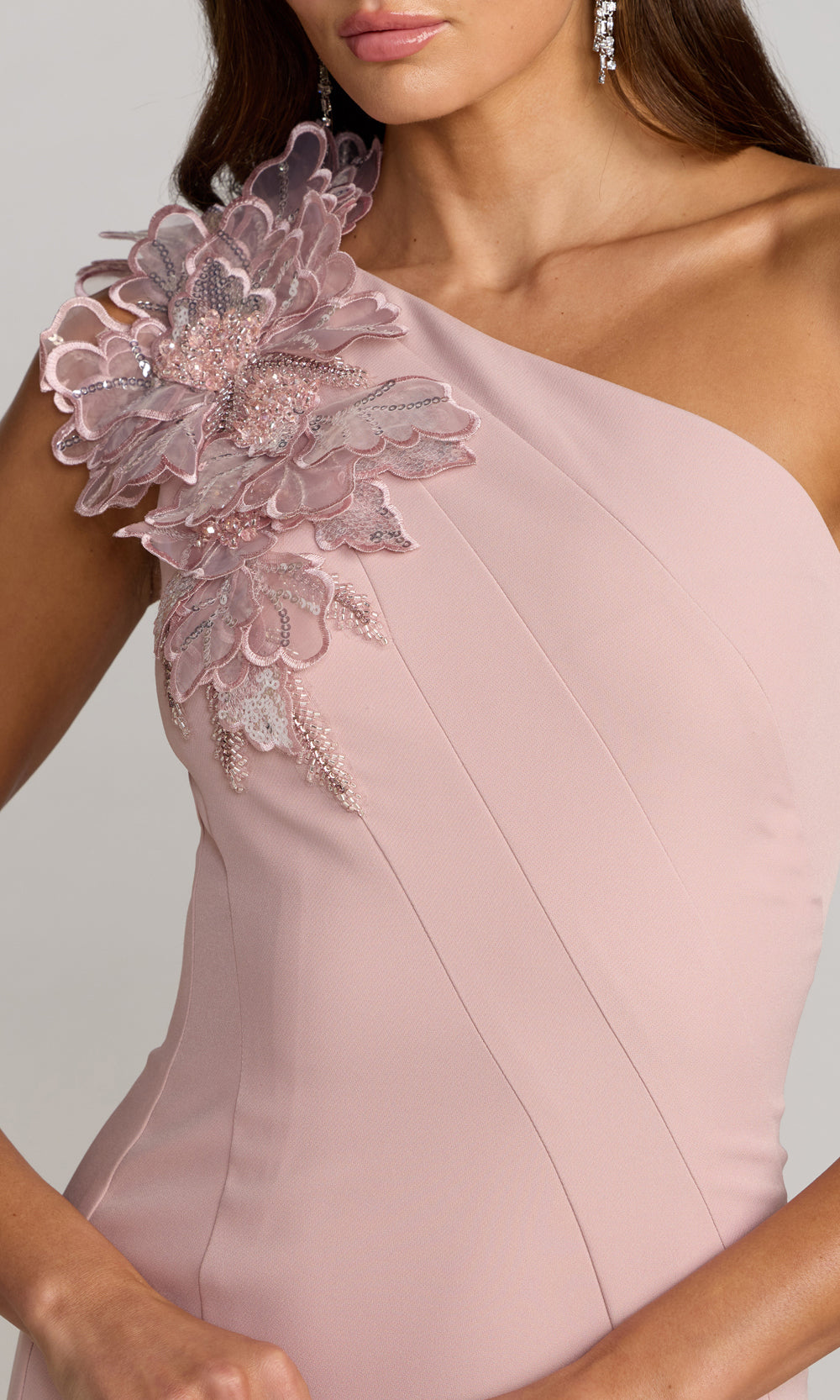 Mac Duggal 13222 Rose Pink detail view wedding guest dress with 3D beaded floral appliqué shoulder, sequin and beading embellishment, one-shoulder tea-length silhouette, gala gown, a wedding-guest favorite