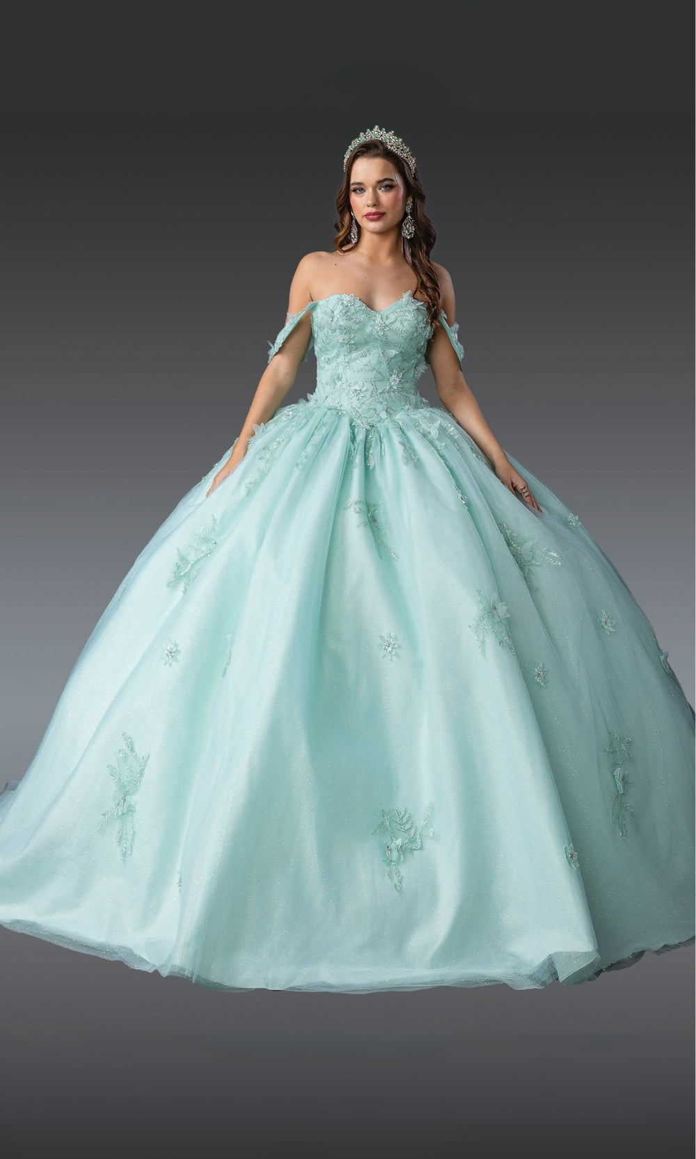Mint green ball gown with floral details on a gray background