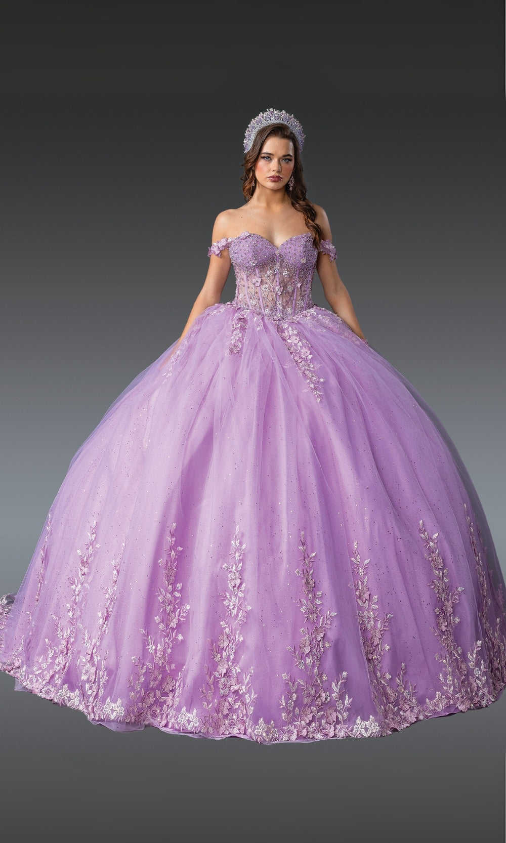 Purple ball gown with floral details on a gray background