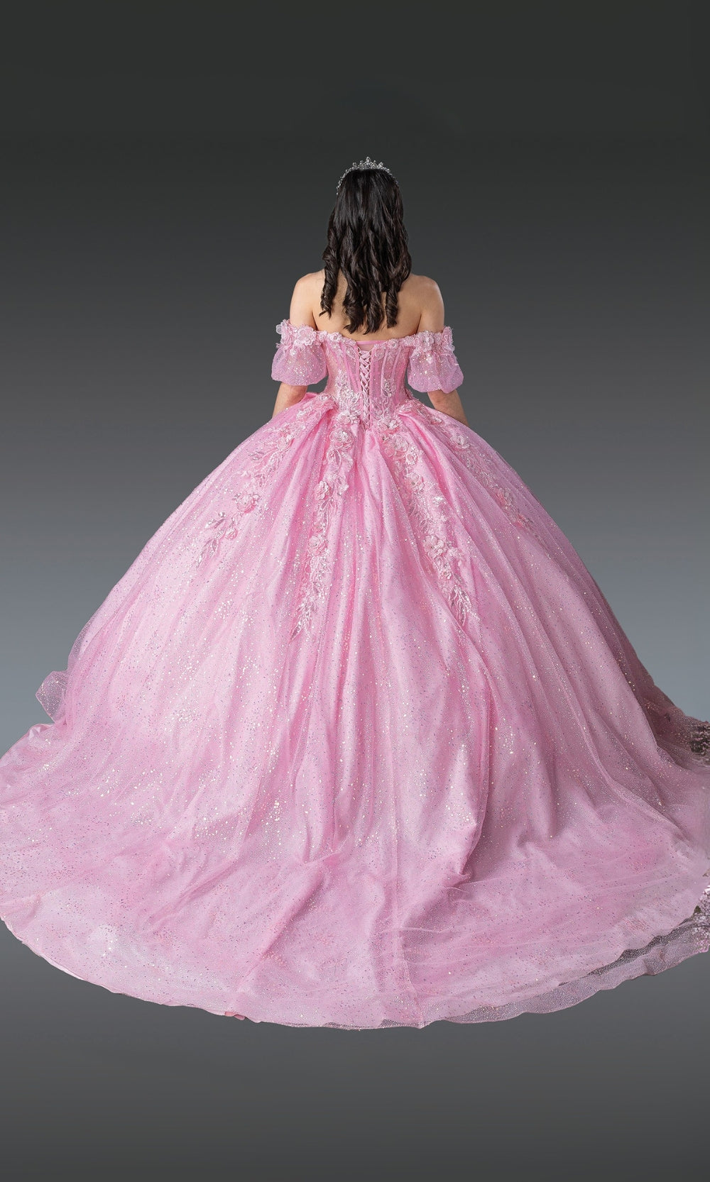 Pink ball gown with lace details on a dark background