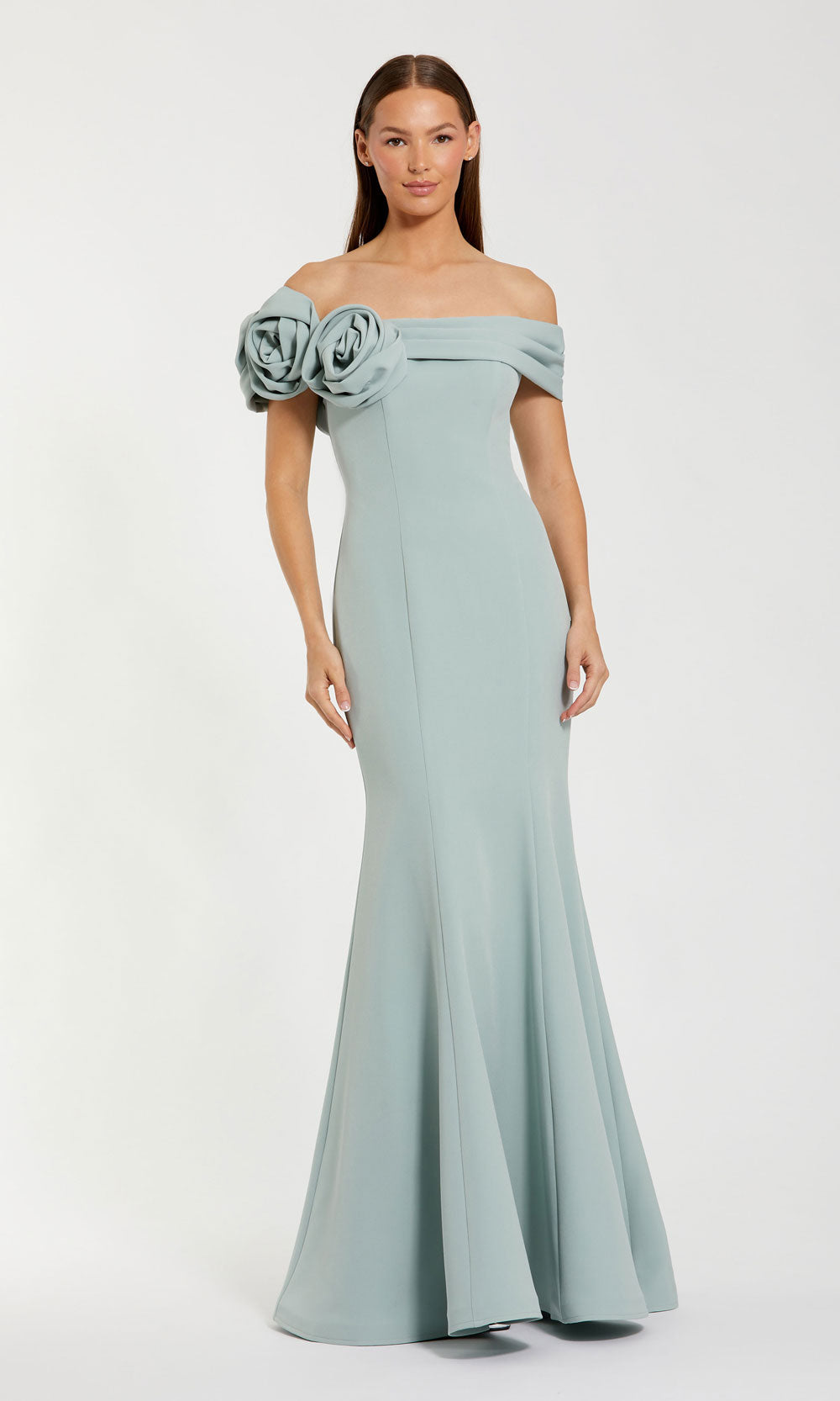 Mac Duggal 21104 Off-Shoulder Mermaid Gown with Floral Rosettes & Floral Appliques