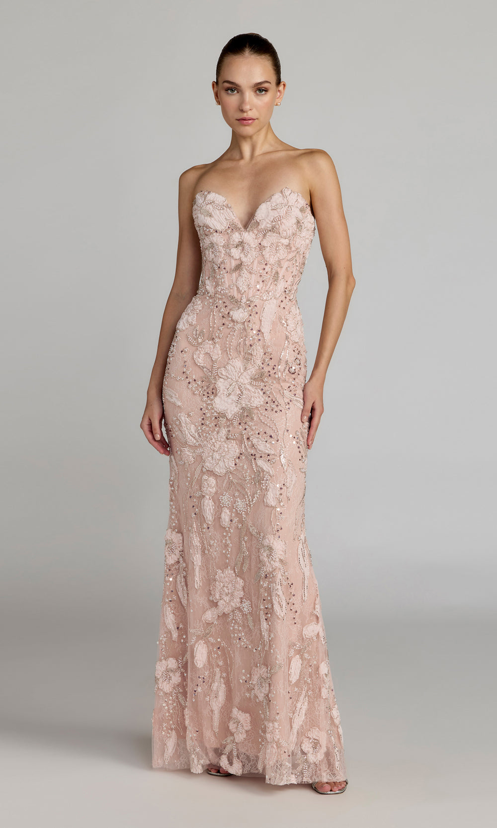 Mac Duggal 21283 blush pink prom gown front view, lace mesh with 3D floral appliqués, pearl beading, strapless sweetheart fitted silhouette, formal prom gown